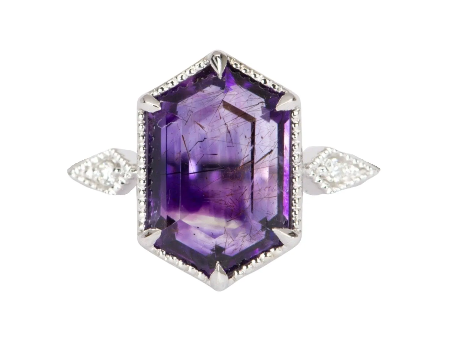 2.55ct Super 7 Hexagon Amethyst with Diamond Accent Engagement Ring 14K White Gold R6452