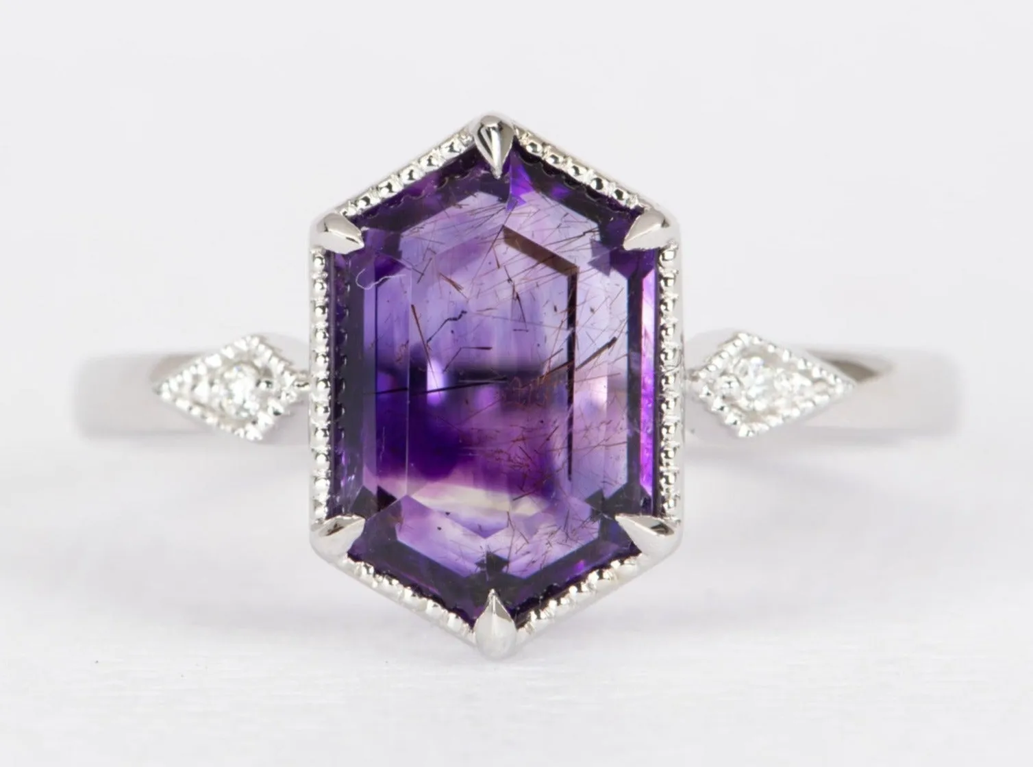 2.55ct Super 7 Hexagon Amethyst with Diamond Accent Engagement Ring 14K White Gold R6452