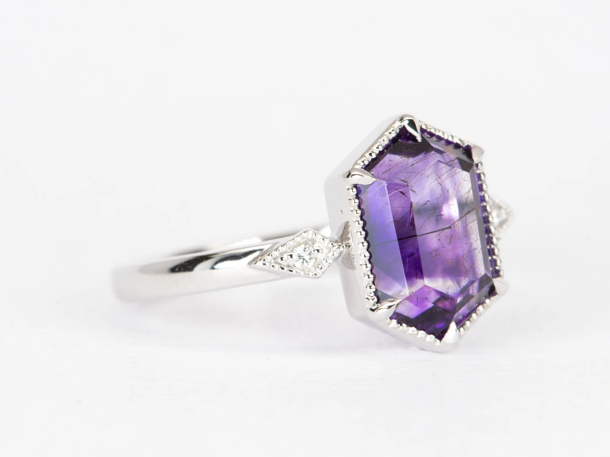 2.55ct Super 7 Hexagon Amethyst with Diamond Accent Engagement Ring 14K White Gold R6452