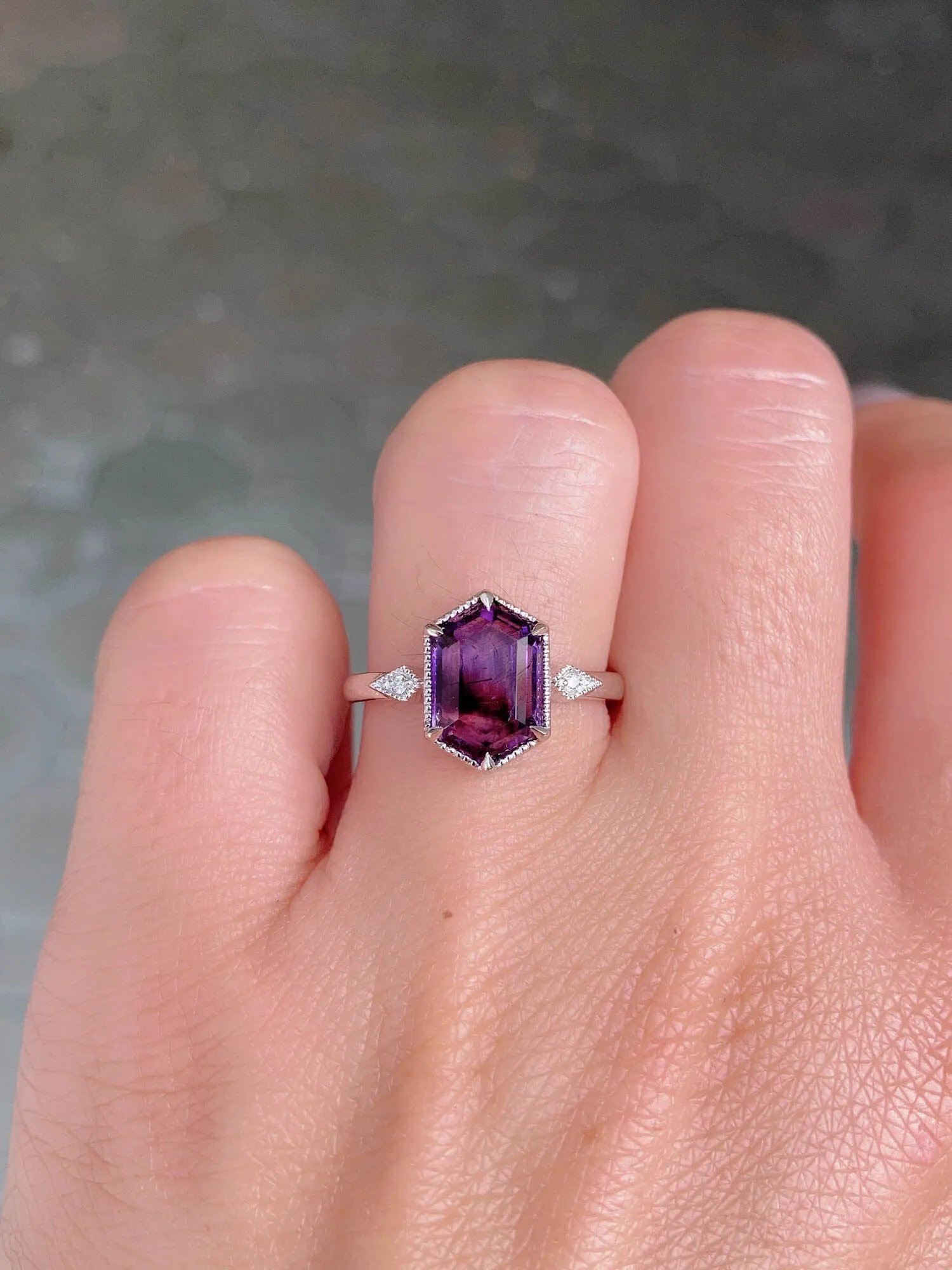 2.55ct Super 7 Hexagon Amethyst with Diamond Accent Engagement Ring 14K White Gold R6452