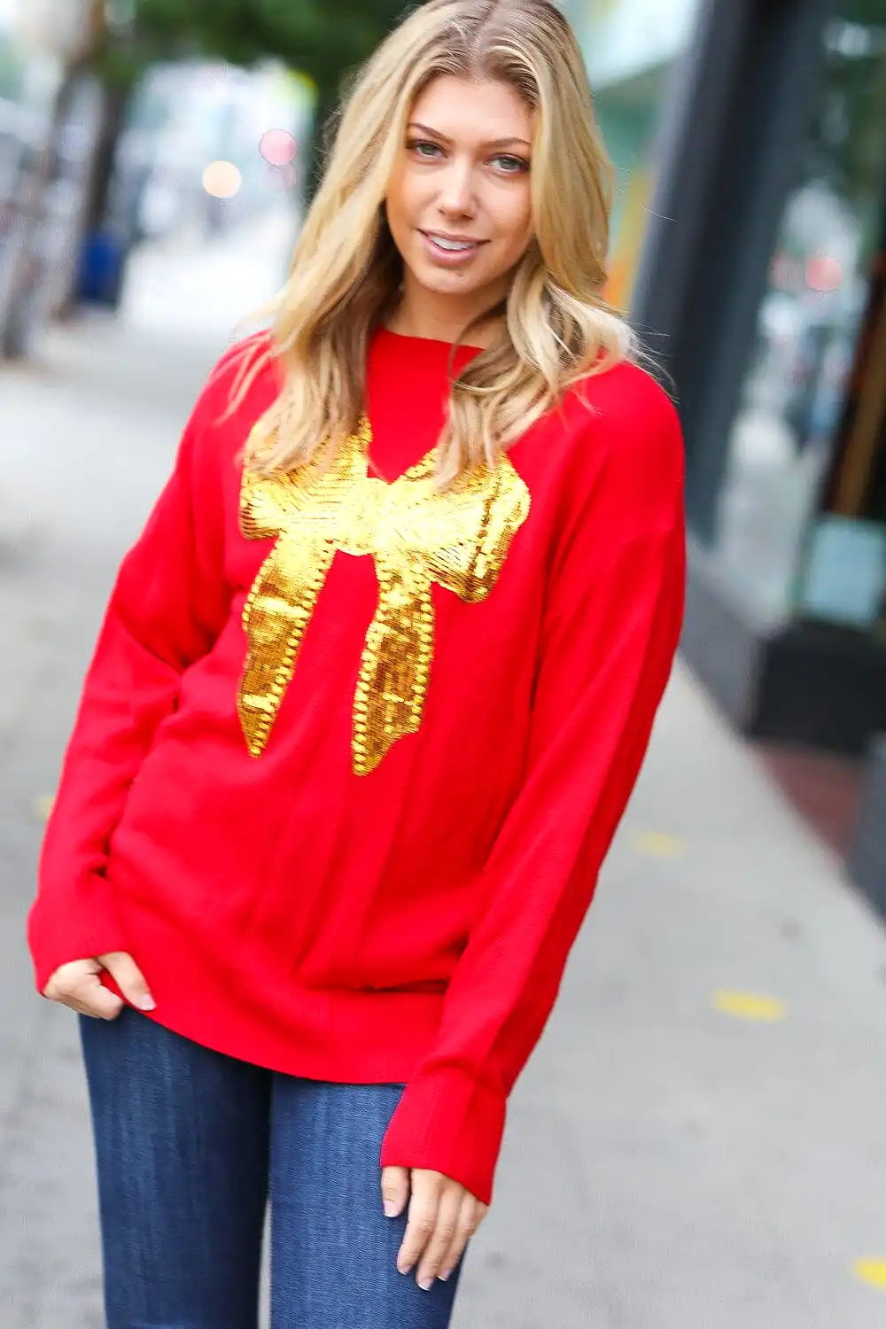 All I Want Red Sequin Bow Embroidery Knit Sweater