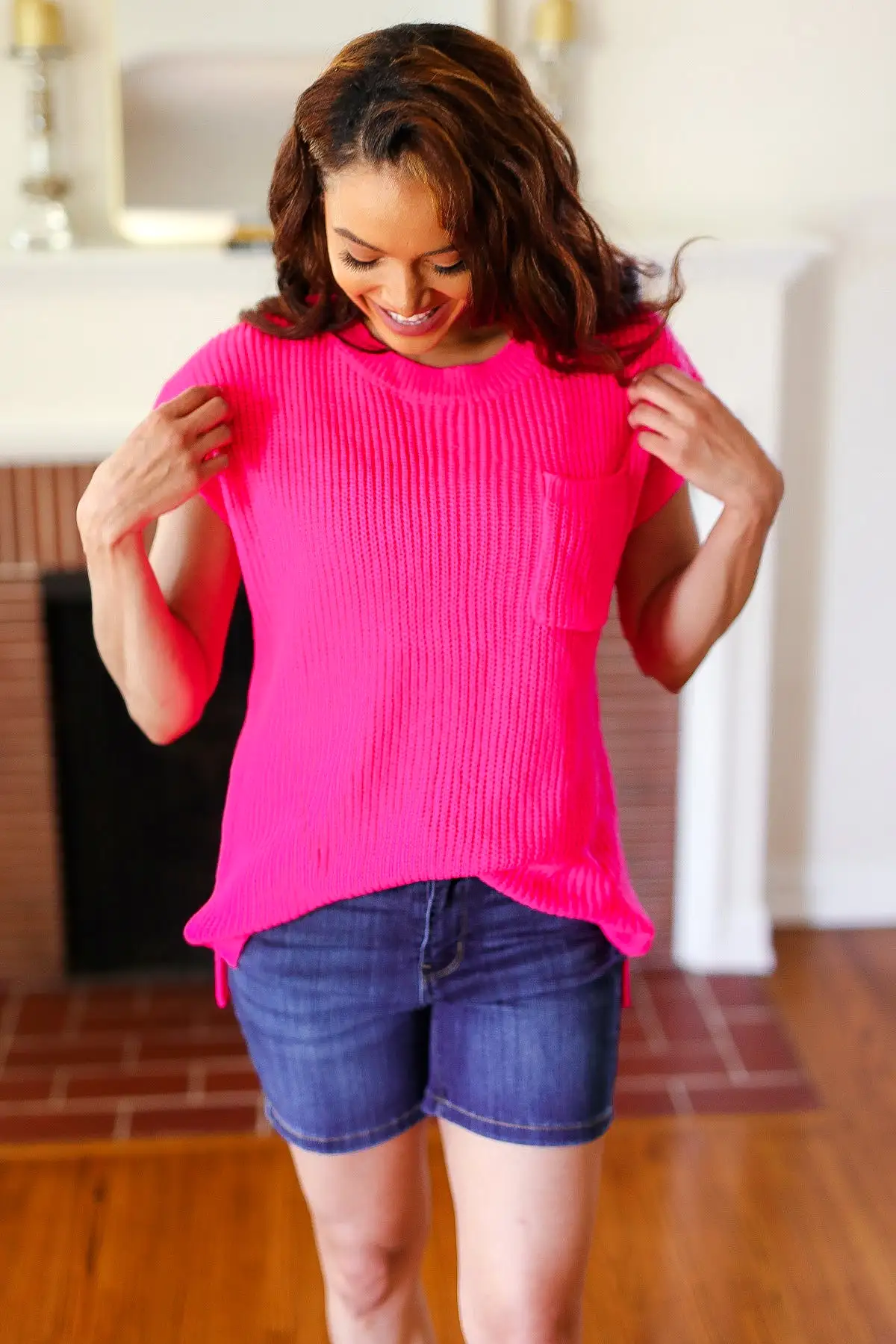 Best In Bold Hot Pink Dolman Ribbed Knit Sweater Top