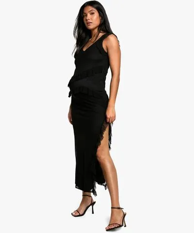 boohoo Womens Maternity Mesh Ruffle Detail Side Split Midaxi Dress