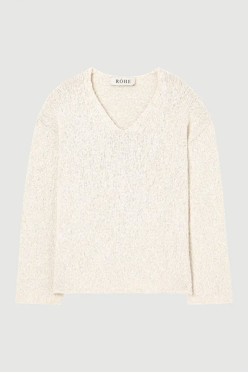 Boucle Knitted V-Neck Sweater - Cream