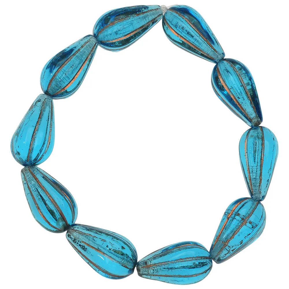 Czech Glass Beads, Melon Drop 13x8mm, Capri Blue Transparent with Dark Bronze Wash, by Raven's Journey (1 Strand)