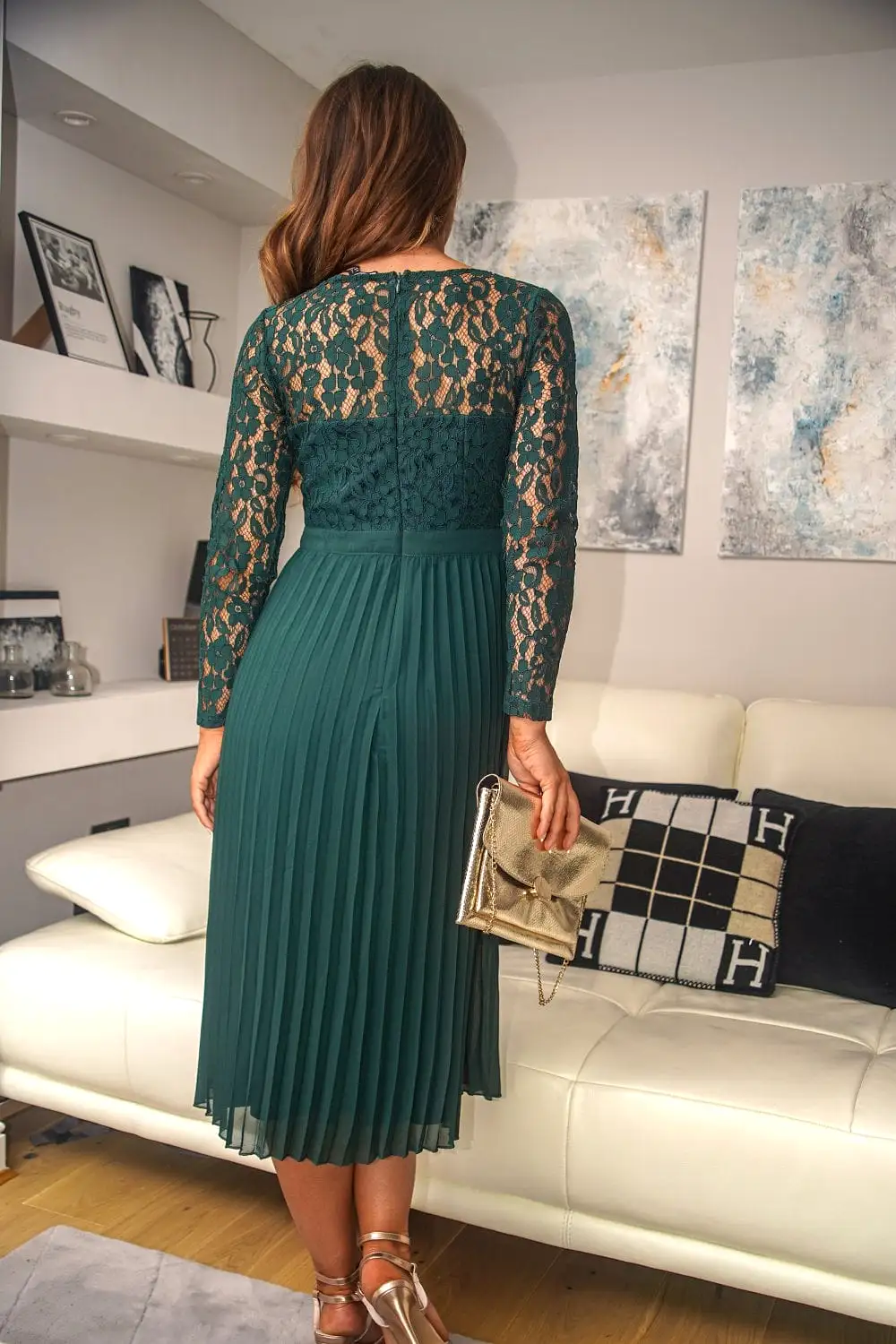 Double Second Green Long Sleeve Lace Pleated Dress