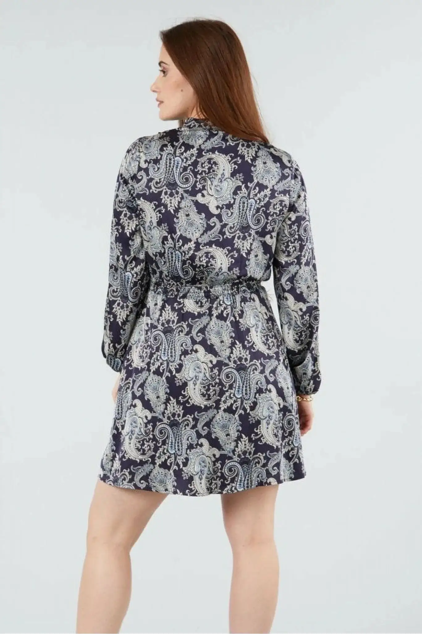 Double Second Navy Paisley Print Pussybow Dress