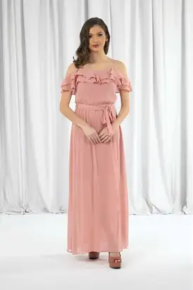 Double Second Pink Double Frill Off Shoulder Wrap Maxi Dress