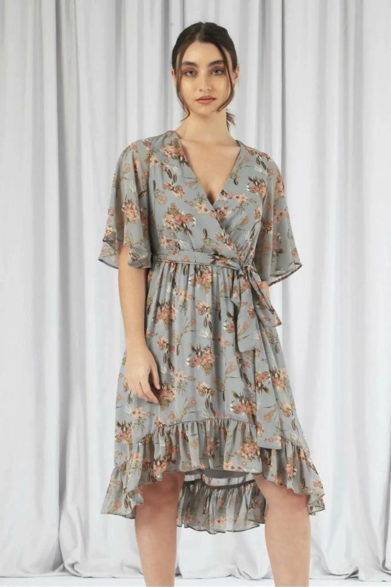 Double Second Print Dipped Back Wrap Dress