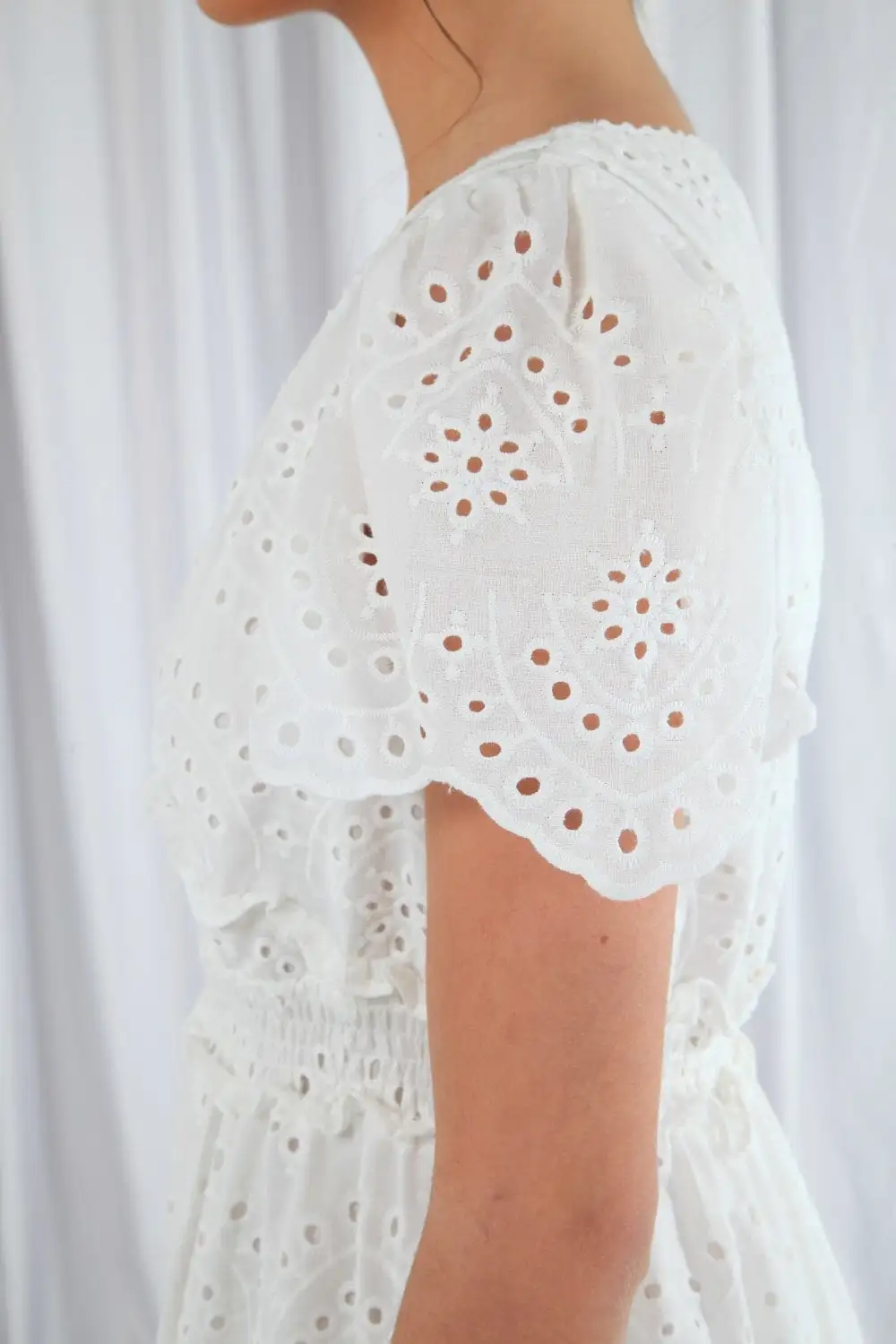 Double Second Puff Sleeve White Broderie Dress