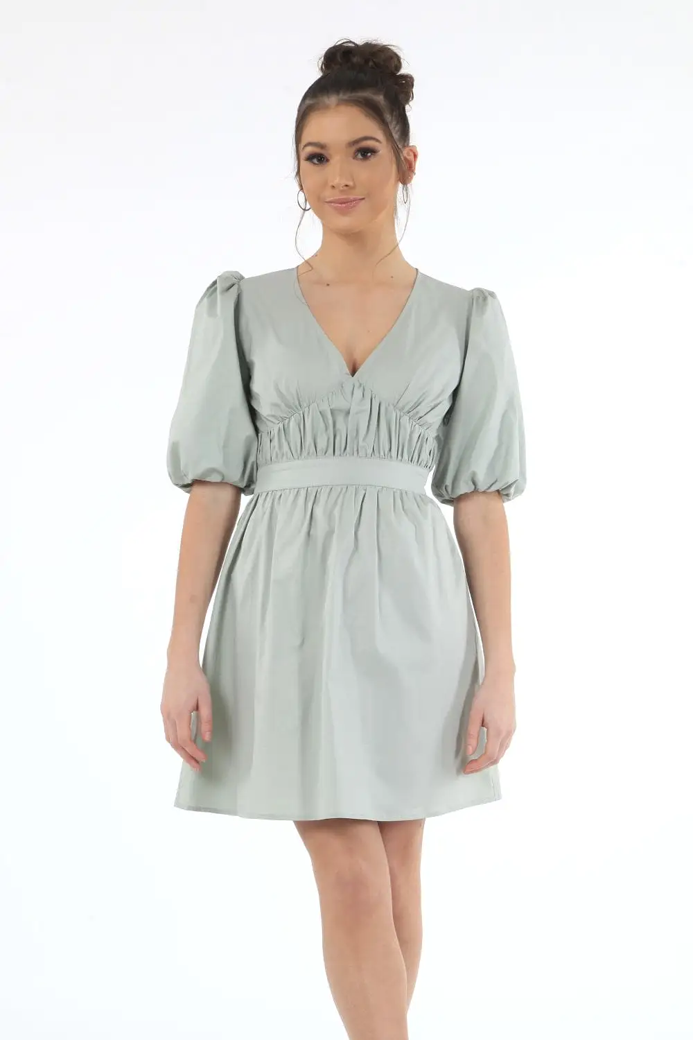 Double Second Sage Volume Sleeve Ruched Dress