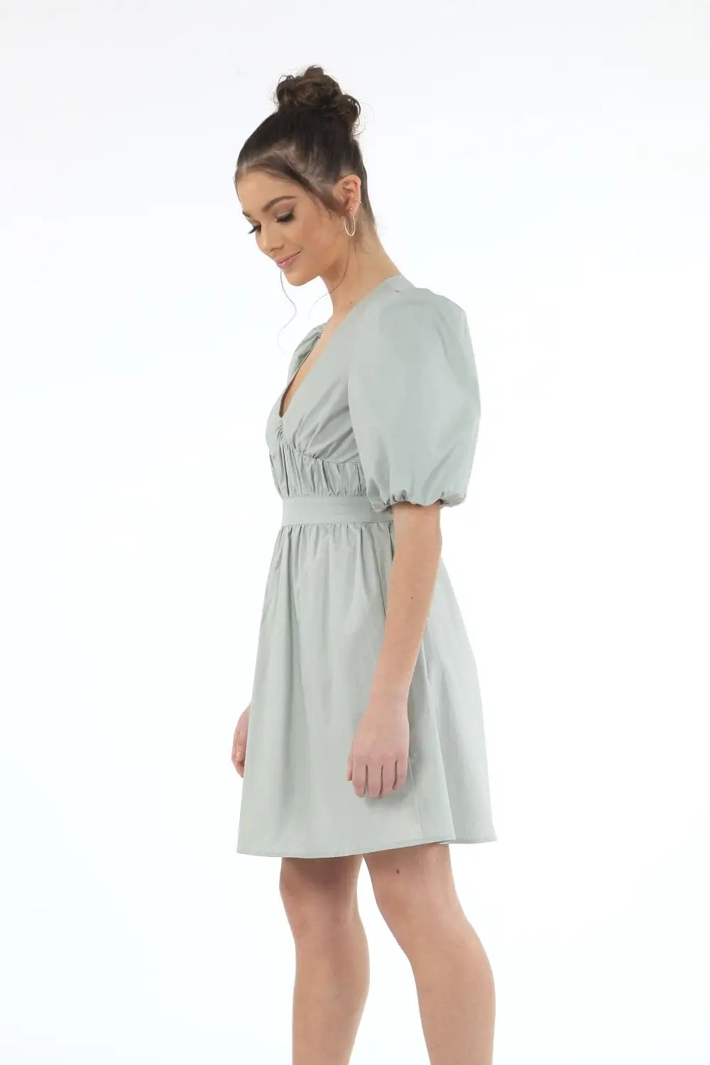 Double Second Sage Volume Sleeve Ruched Dress