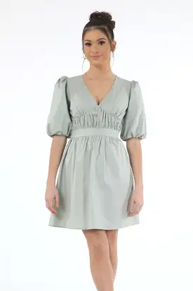 Double Second Sage Volume Sleeve Ruched Dress