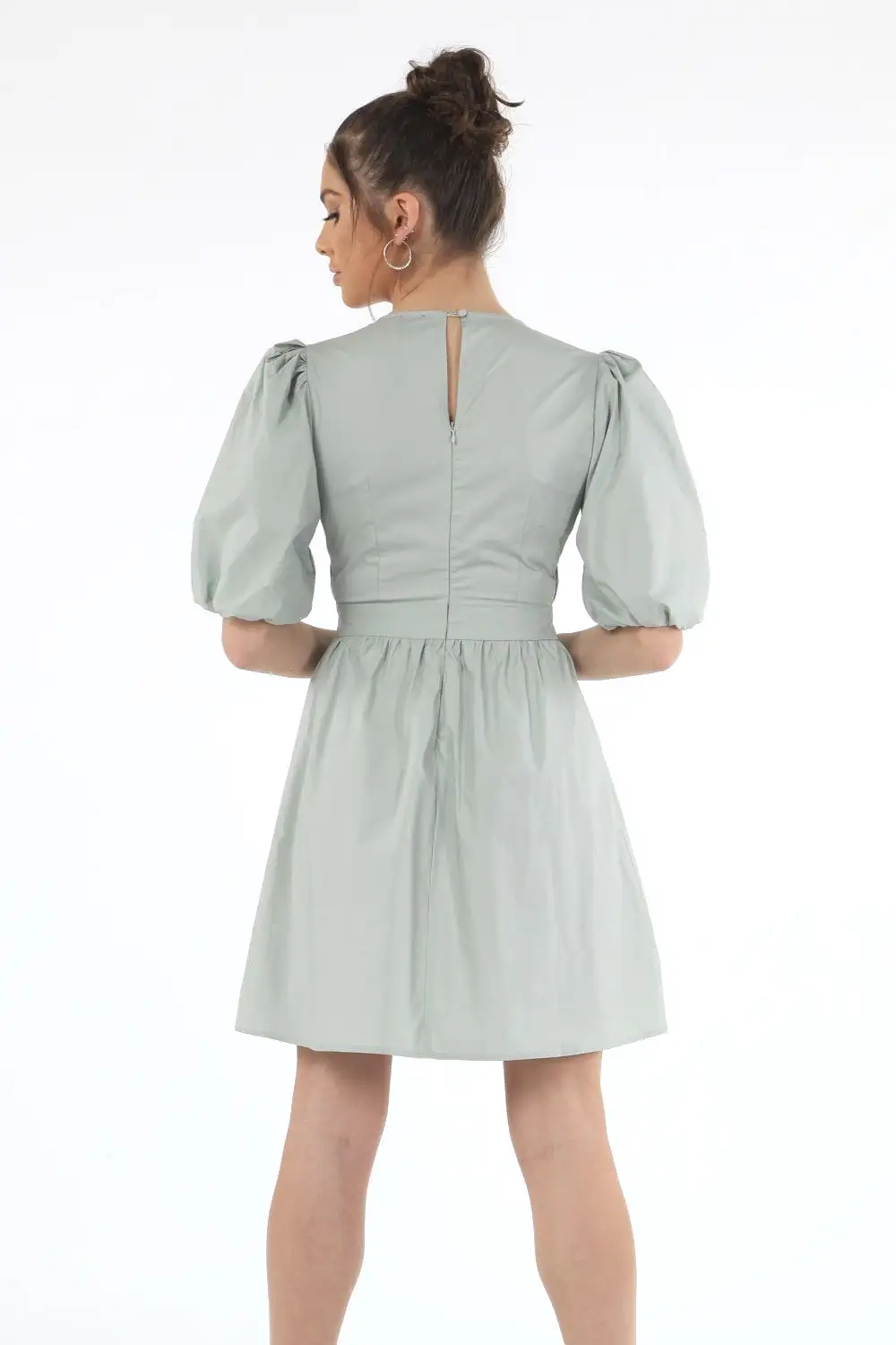 Double Second Sage Volume Sleeve Ruched Dress