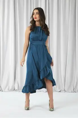 Double Second Teal Sleeveless Satin Frill Hem Wrap Dress