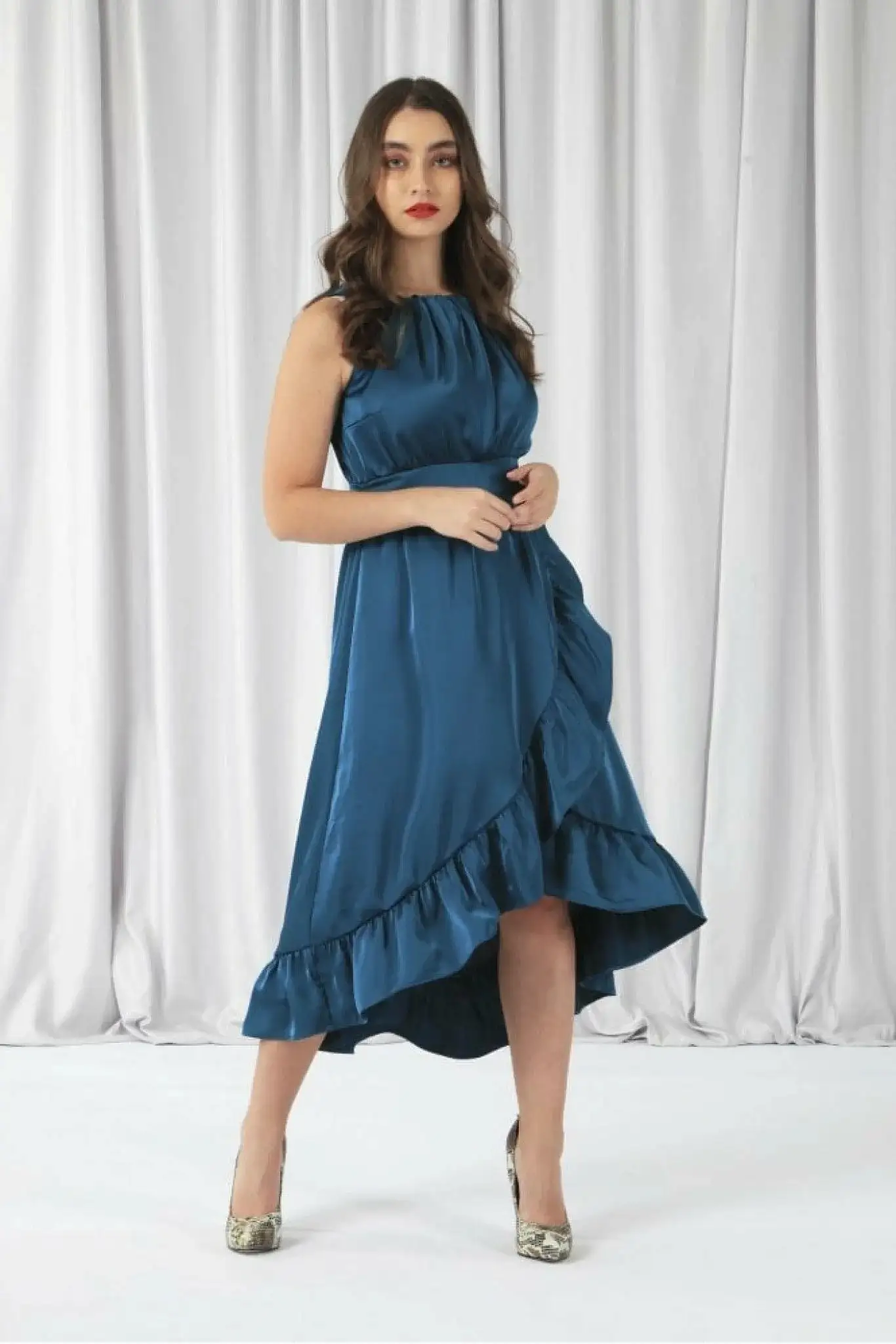 Double Second Teal Sleeveless Satin Frill Hem Wrap Dress