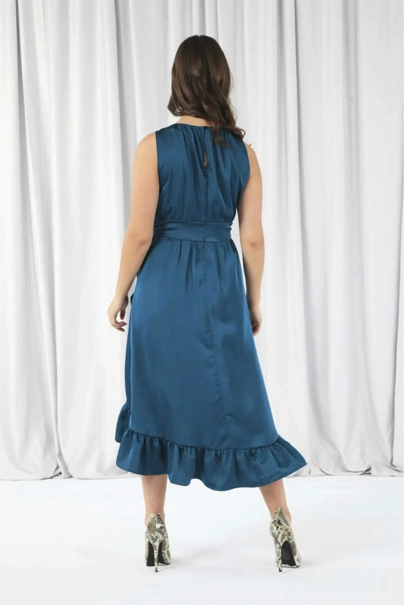 Double Second Teal Sleeveless Satin Frill Hem Wrap Dress