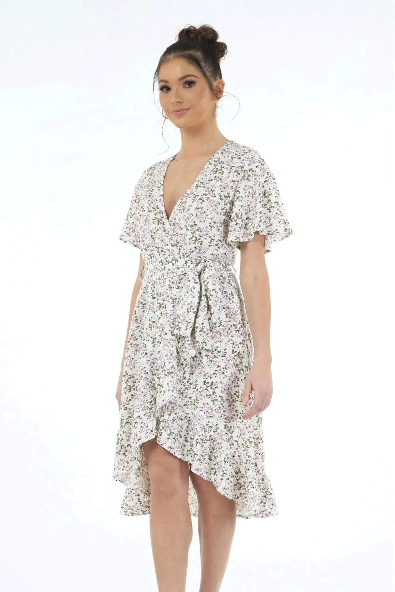 Double Second White Print Tea Sleeves Back Wrap Dress