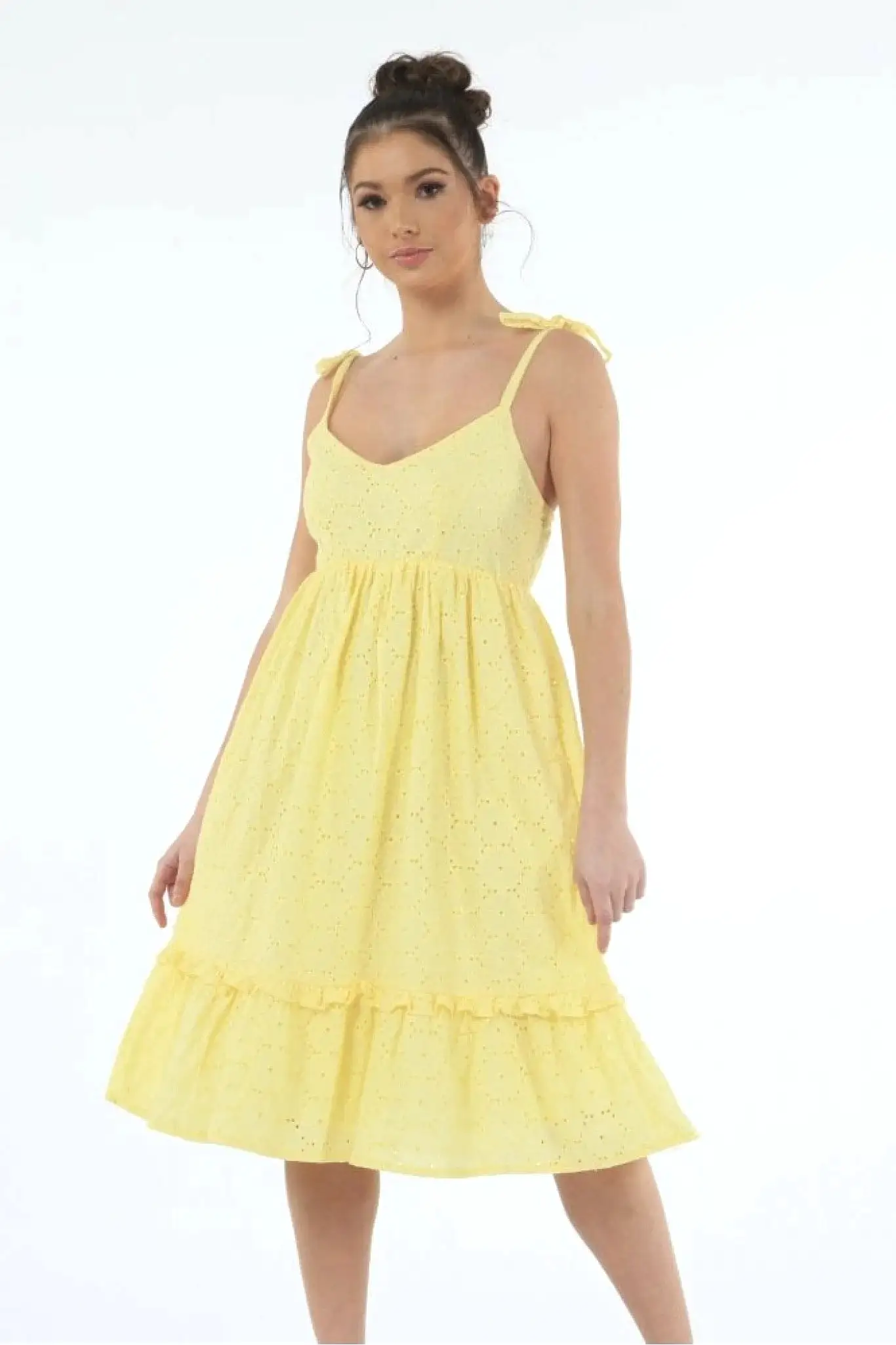 Double Second Yellow Tie Strap Broiderie Dress