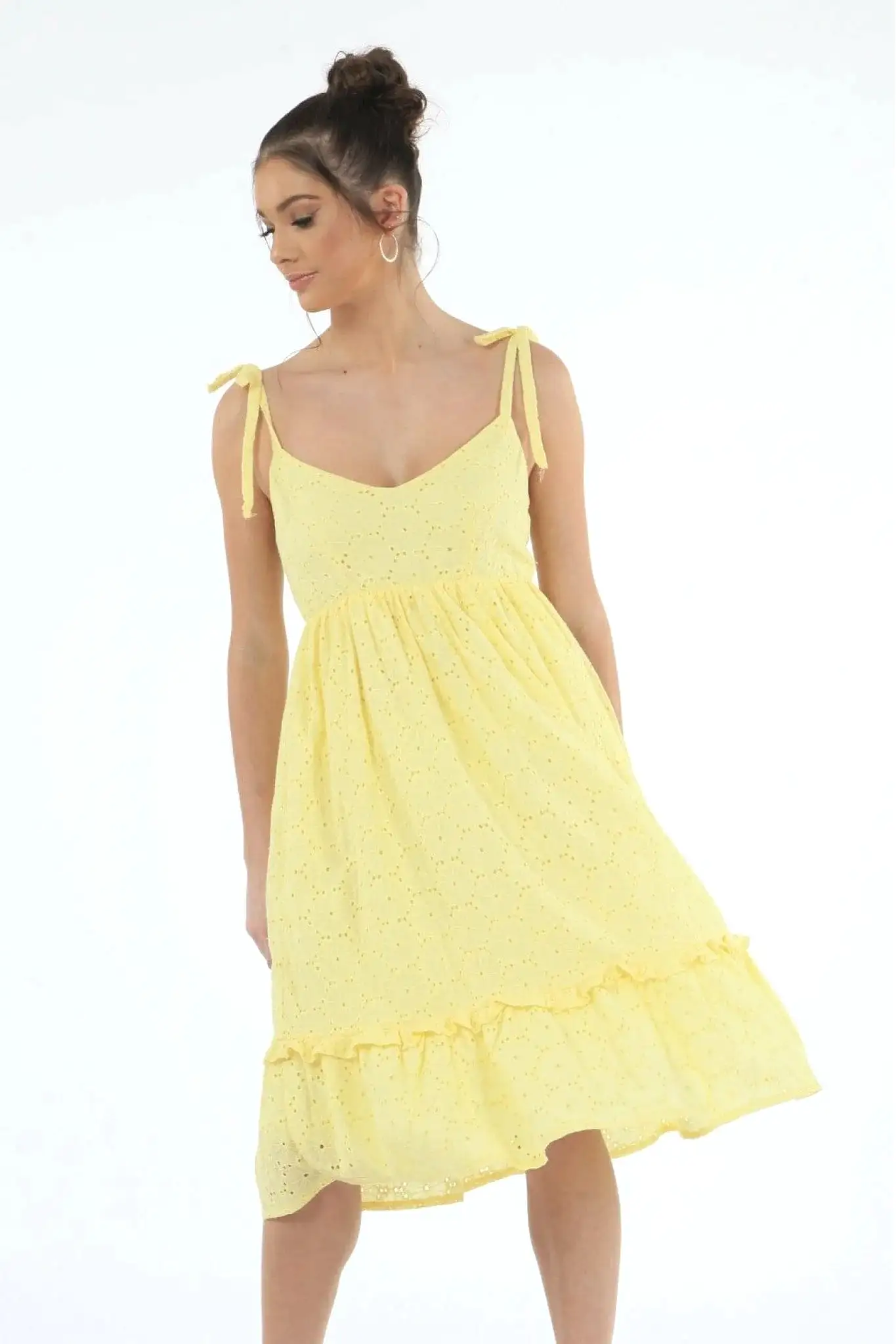 Double Second Yellow Tie Strap Broiderie Dress