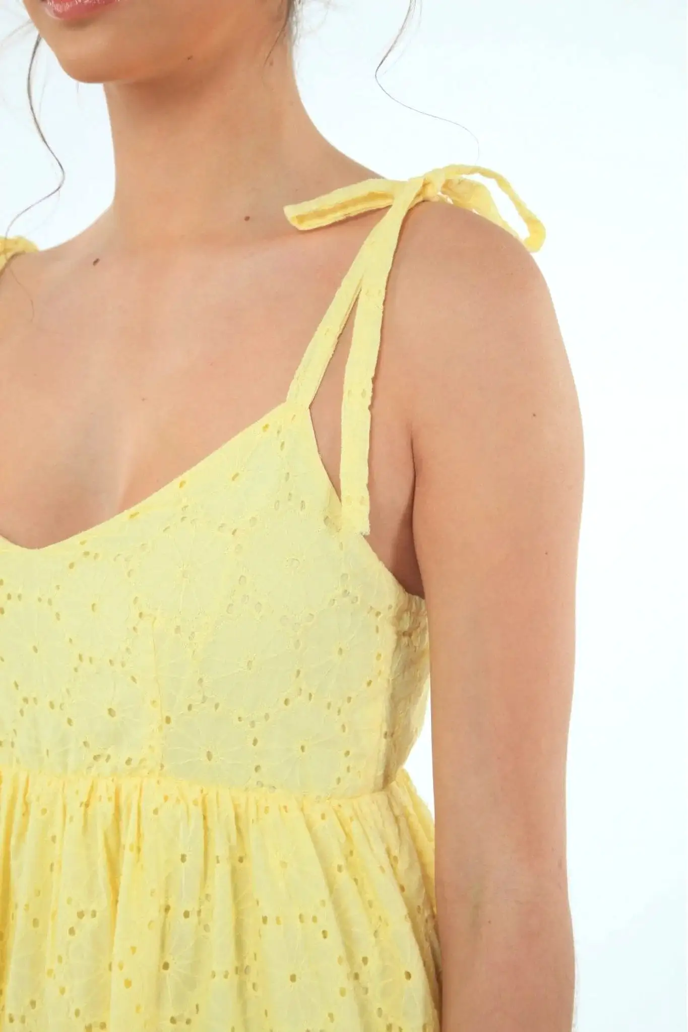 Double Second Yellow Tie Strap Broiderie Dress