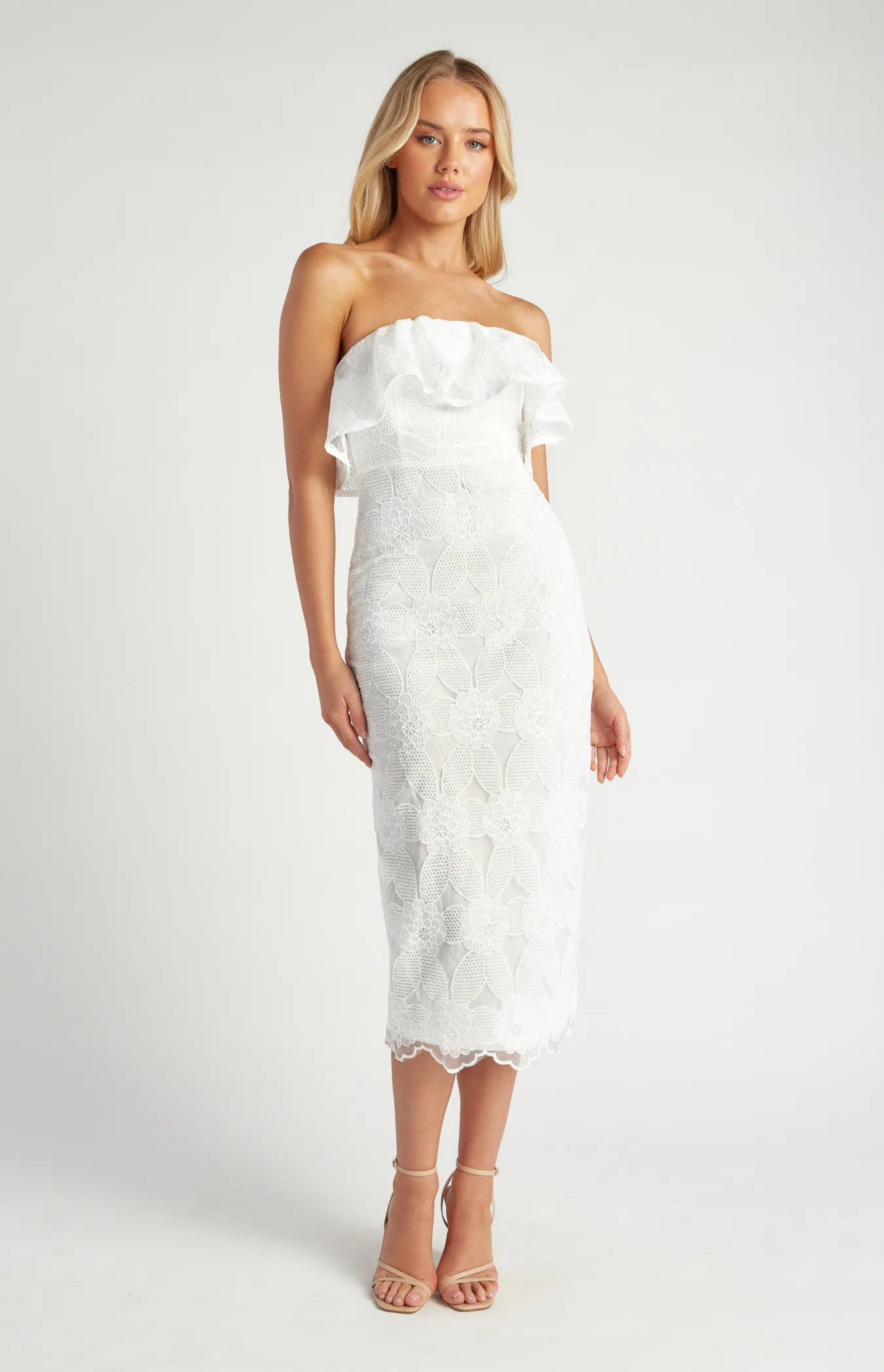 Embroidered Lace Strapless Midi Dress with Scallop Hem (SDR1679B)