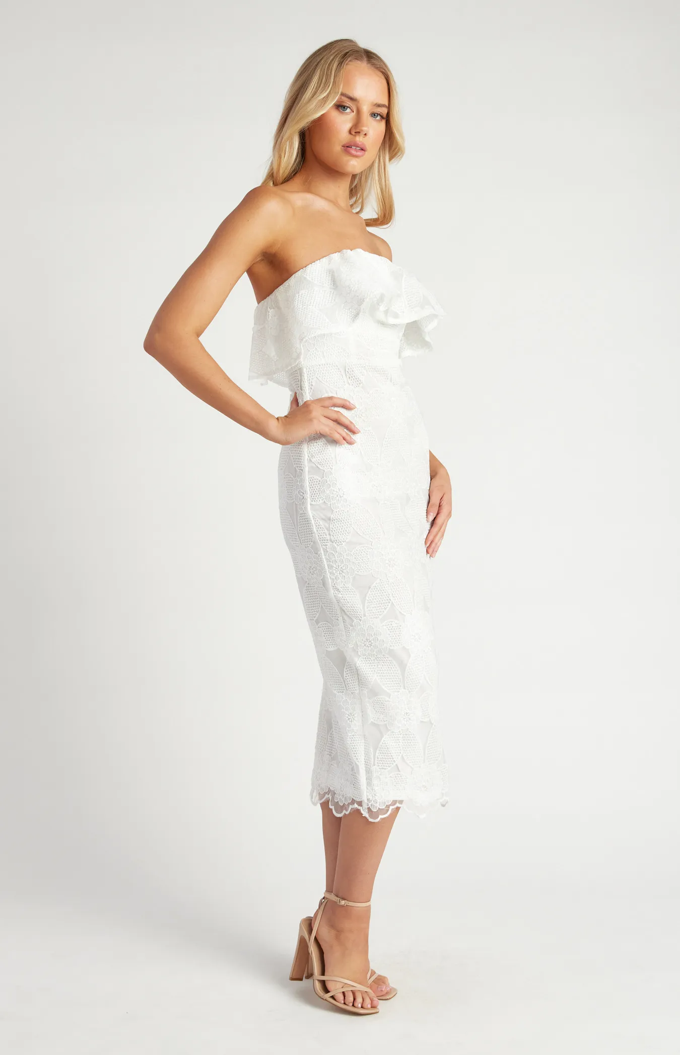 Embroidered Lace Strapless Midi Dress with Scallop Hem (SDR1679B)