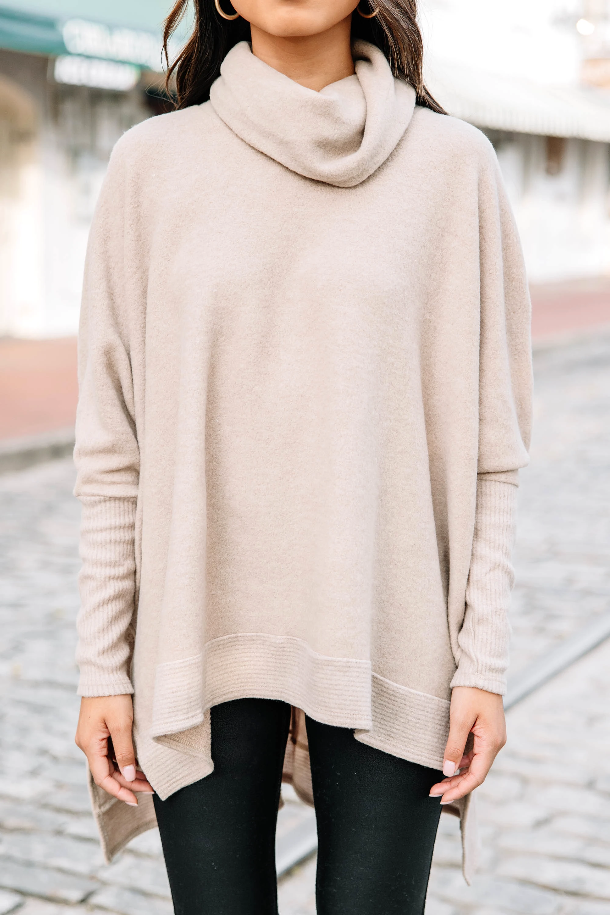 Feeling So Chipper Oatmeal Brown Cowl Neck Sweater