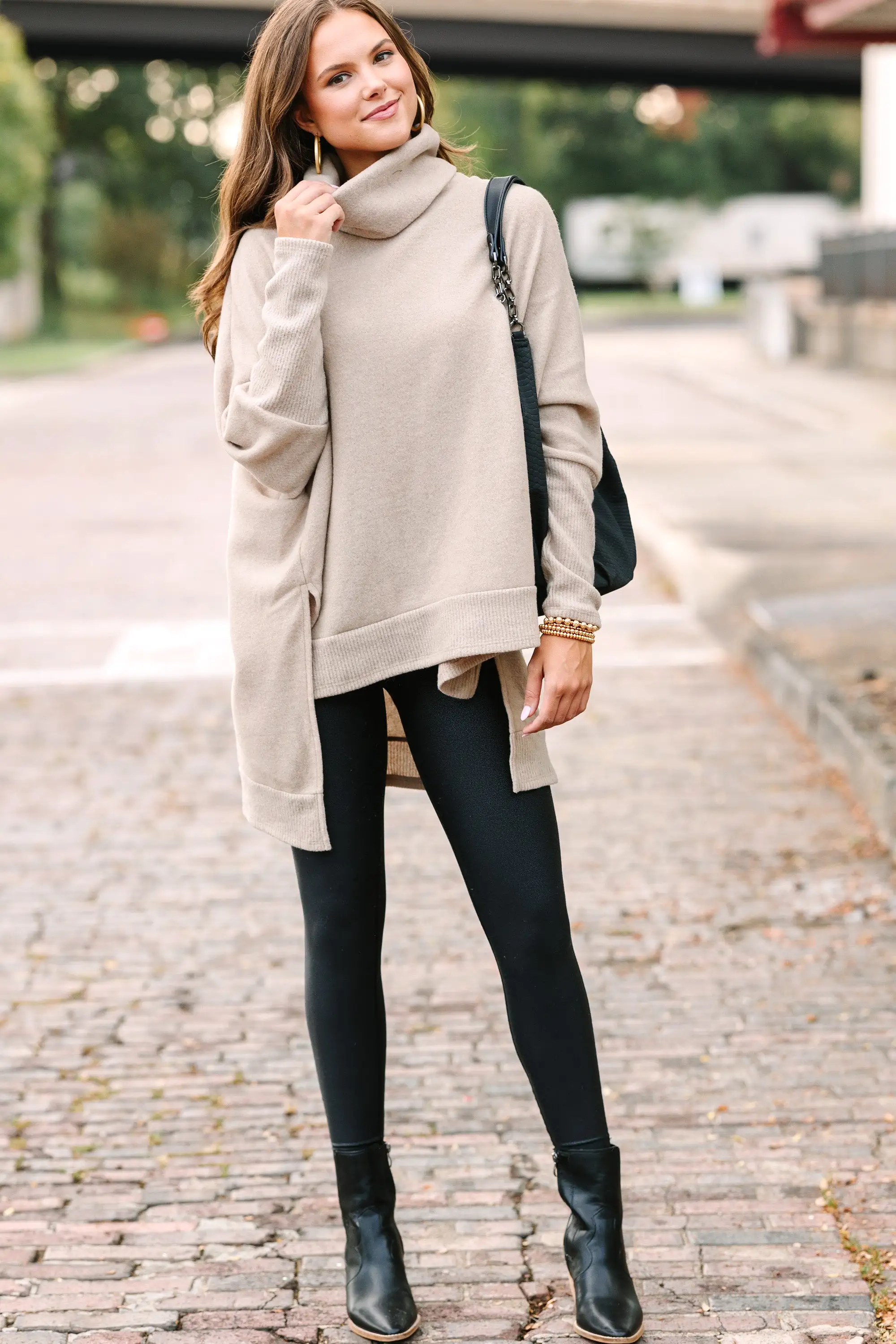 Feeling So Chipper Taupe Brown Cowl Neck Sweater