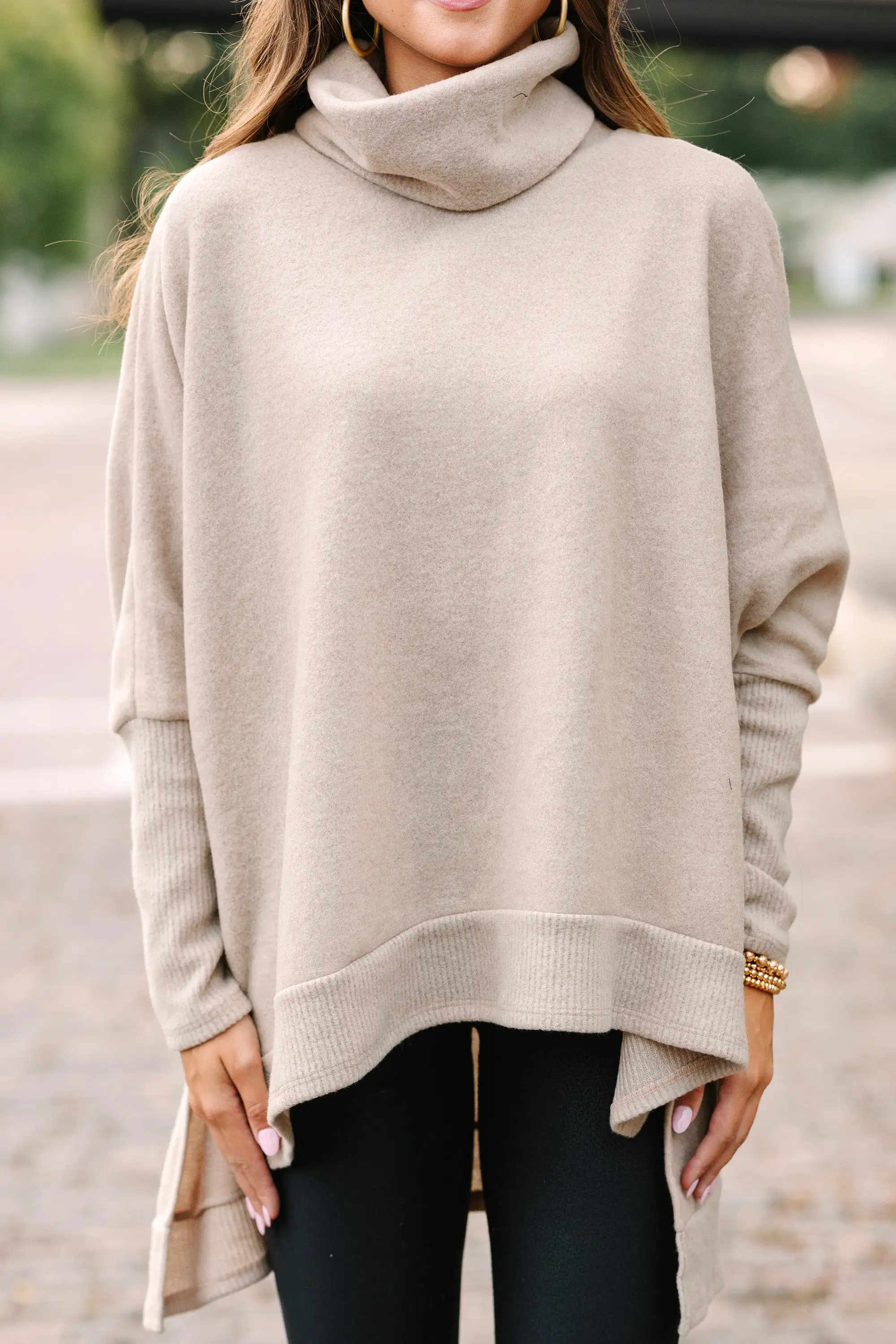 Feeling So Chipper Taupe Brown Cowl Neck Sweater