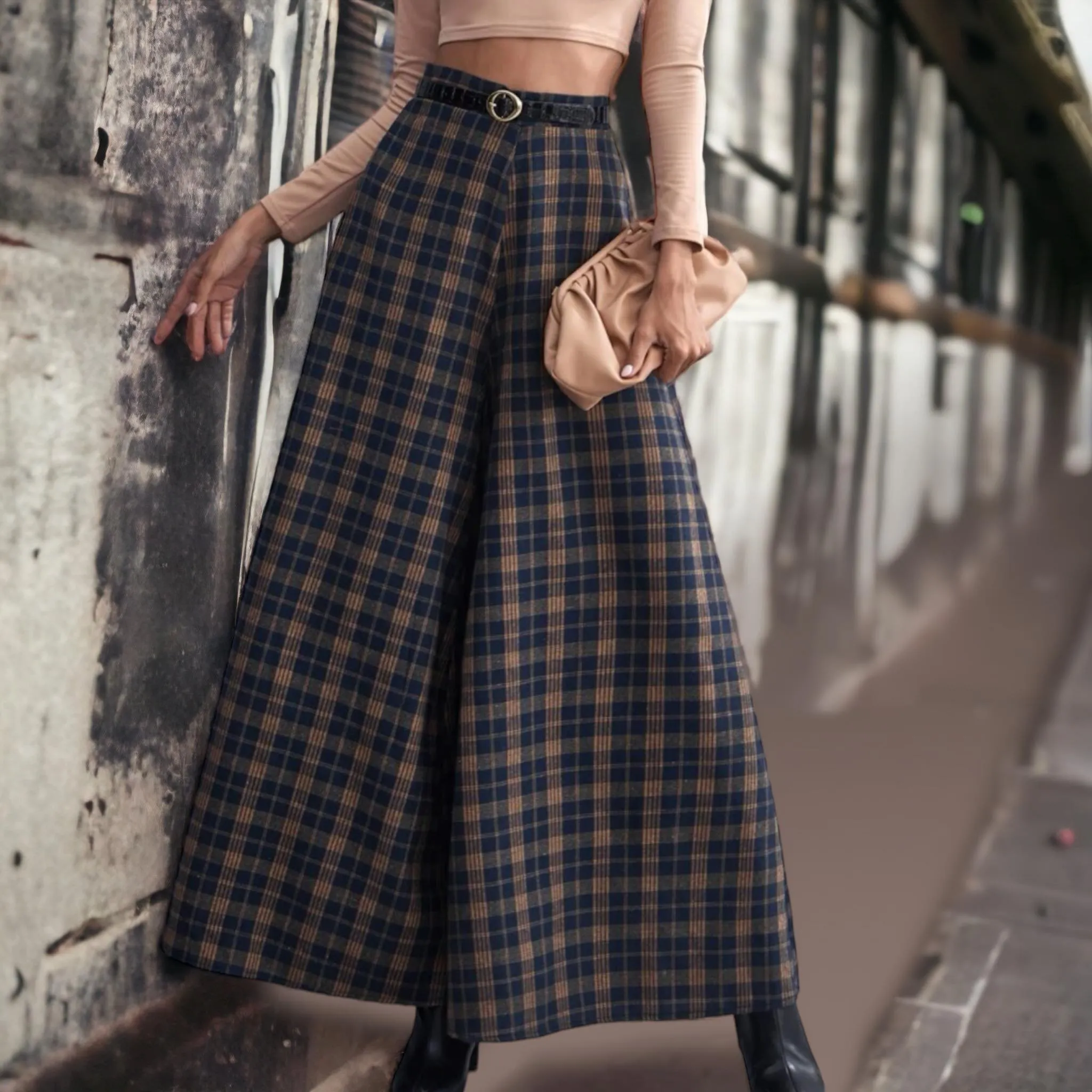 GBOSS Vintage Plaid Wide Leg Pants