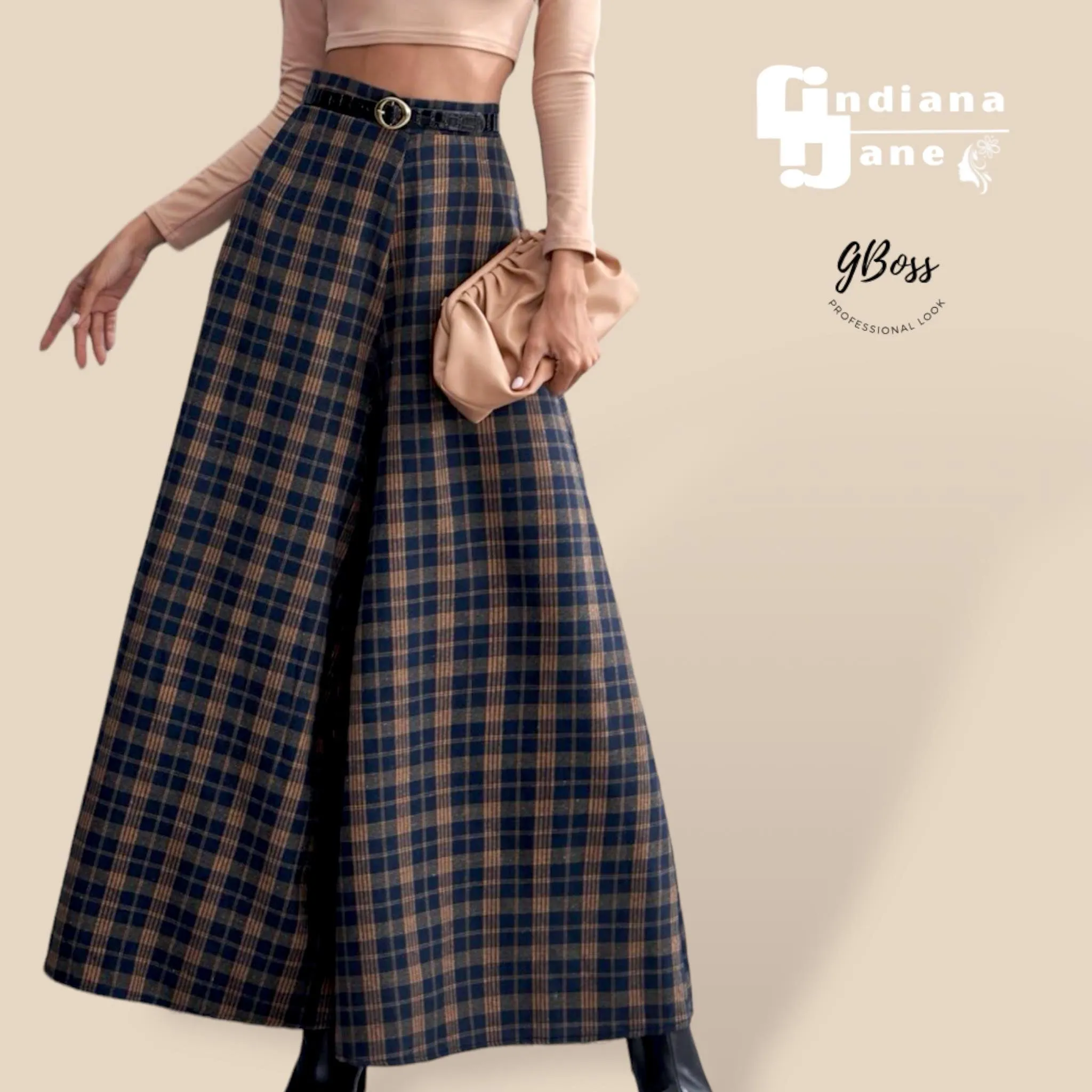 GBOSS Vintage Plaid Wide Leg Pants