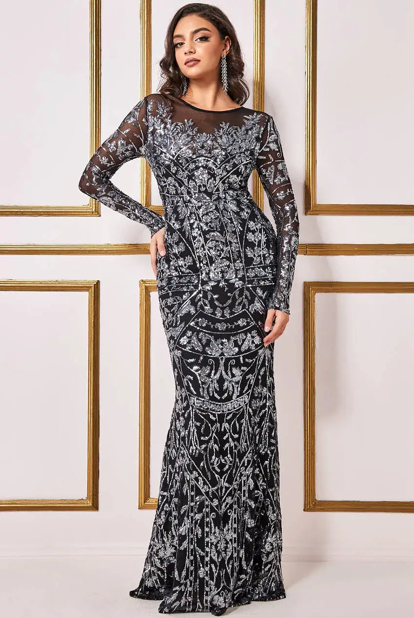 Goddiva Sequin Mesh Embroidered Maxi Dress