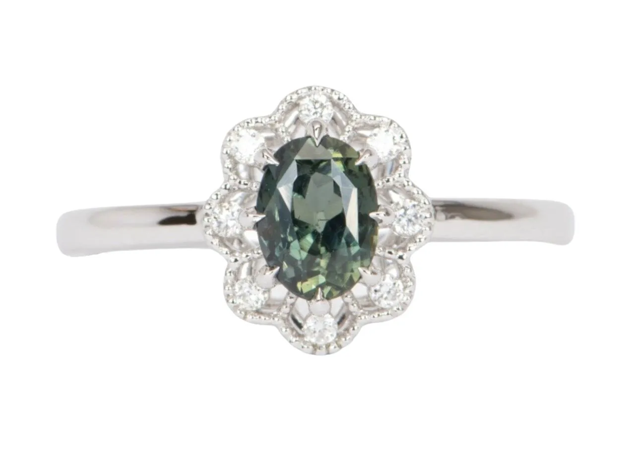 Green Montana Sapphire with Milgrain Diamond Halo 14K White Gold Engagement Ring R6458