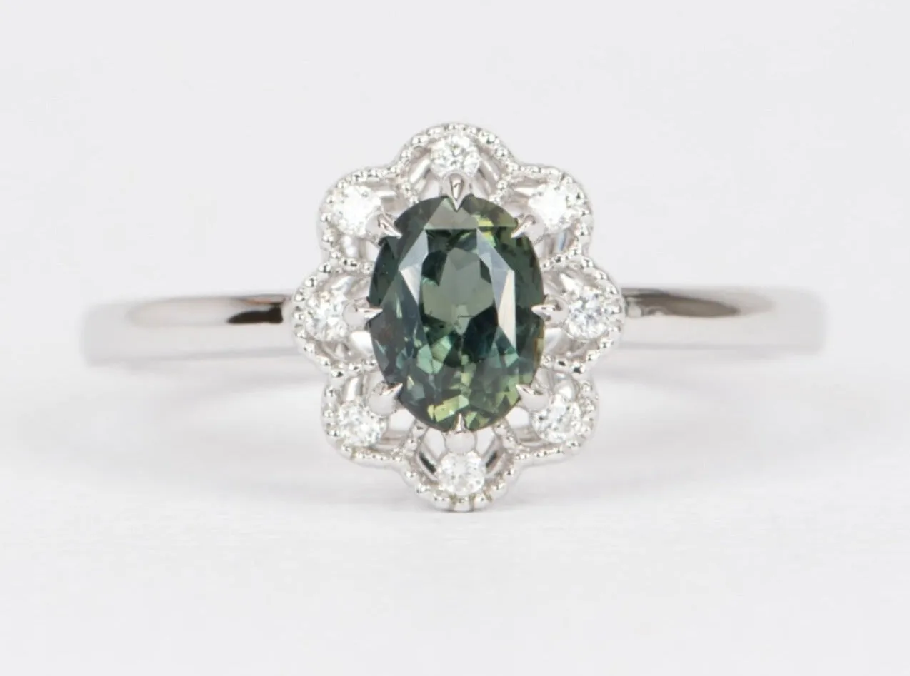 Green Montana Sapphire with Milgrain Diamond Halo 14K White Gold Engagement Ring R6458