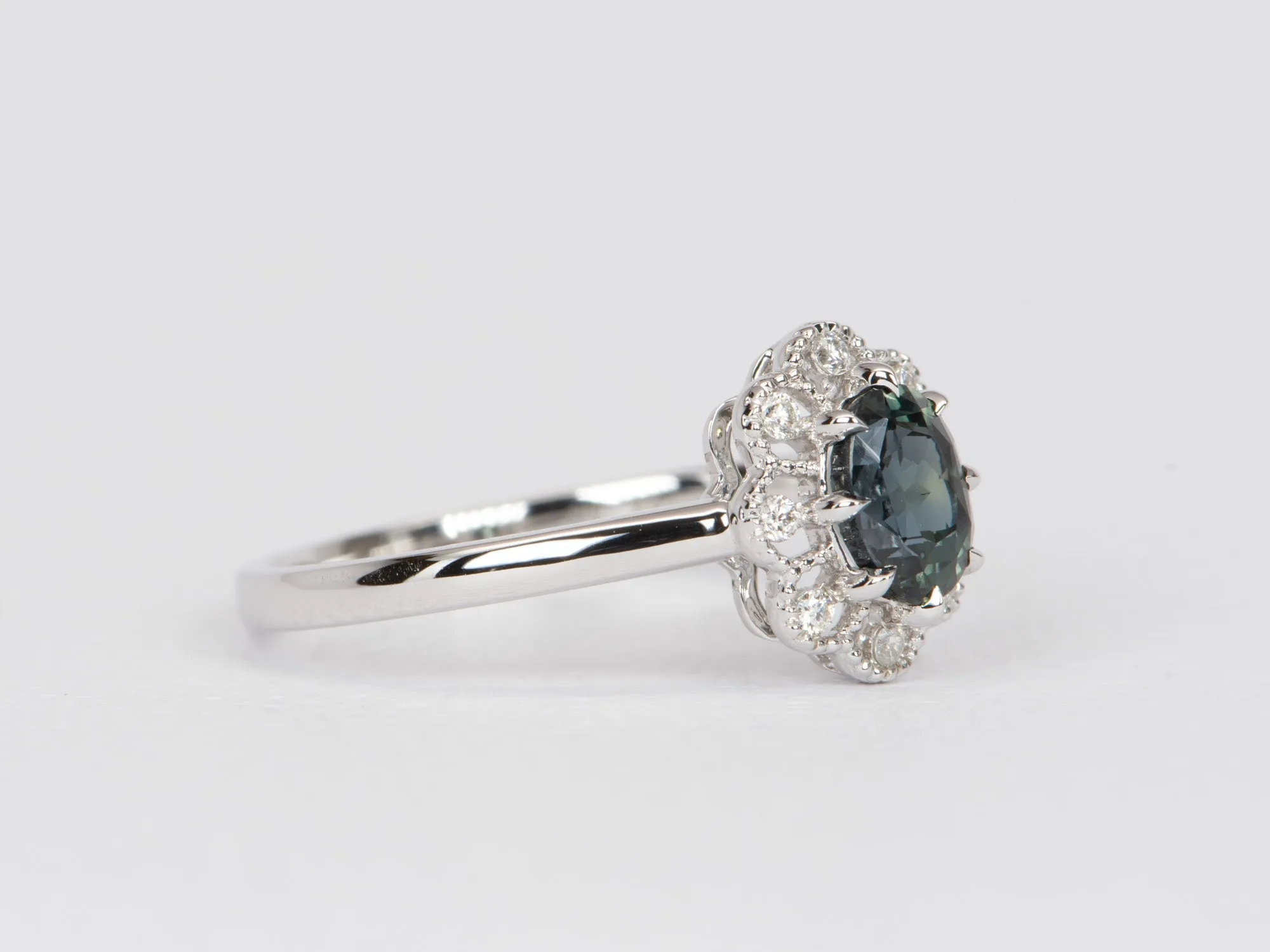 Green Montana Sapphire with Milgrain Diamond Halo 14K White Gold Engagement Ring R6458