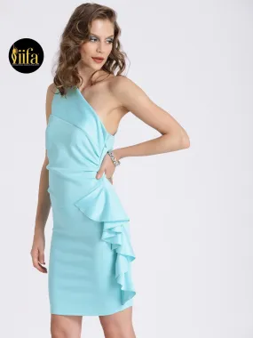 LIGHT BLUE SCUBA DRESS WITH ADDED RUFFLE