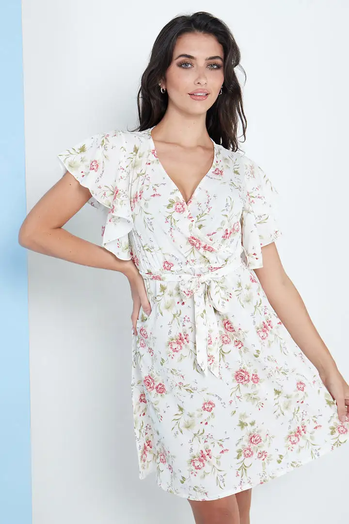 Lilura London Angel Sleeves Wrap Dress In Floral Print