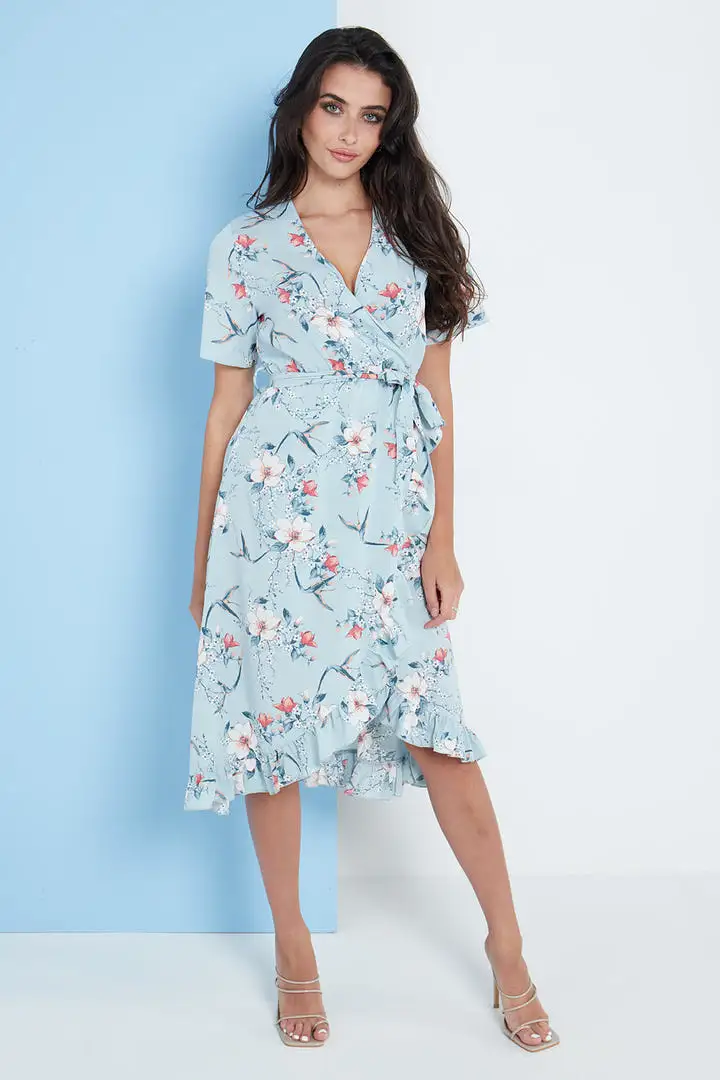 Lilura London Floral Frill Midi Wrap Dress In Blue