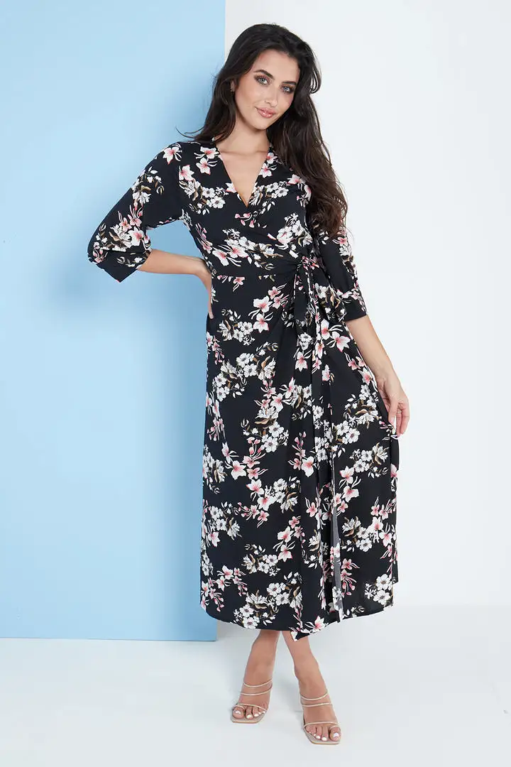 Lilura London Midi Wrap Dress In Black Floral Print