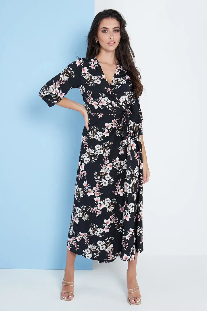 Lilura London Midi Wrap Dress In Black Floral Print