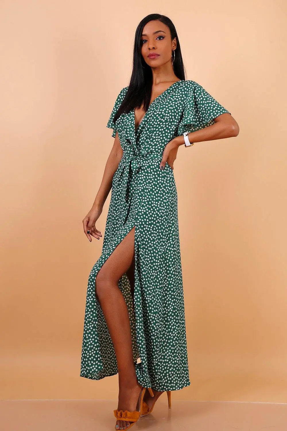 Lilura London Wrap Front Split Leg Maxi Dress  Daisy Dot