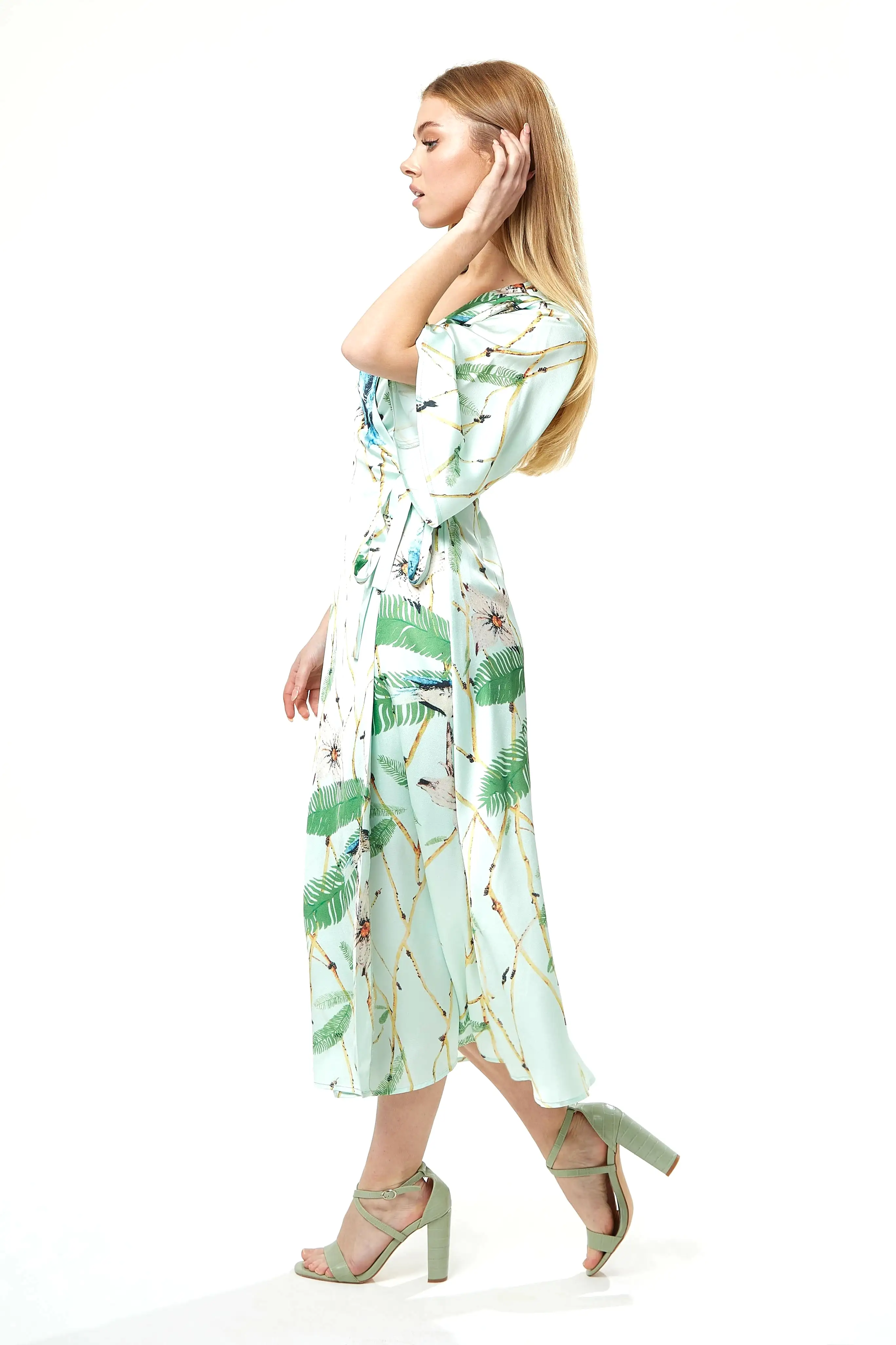 Liquorish Bird Print Midi Wrap Dress In Mint Green