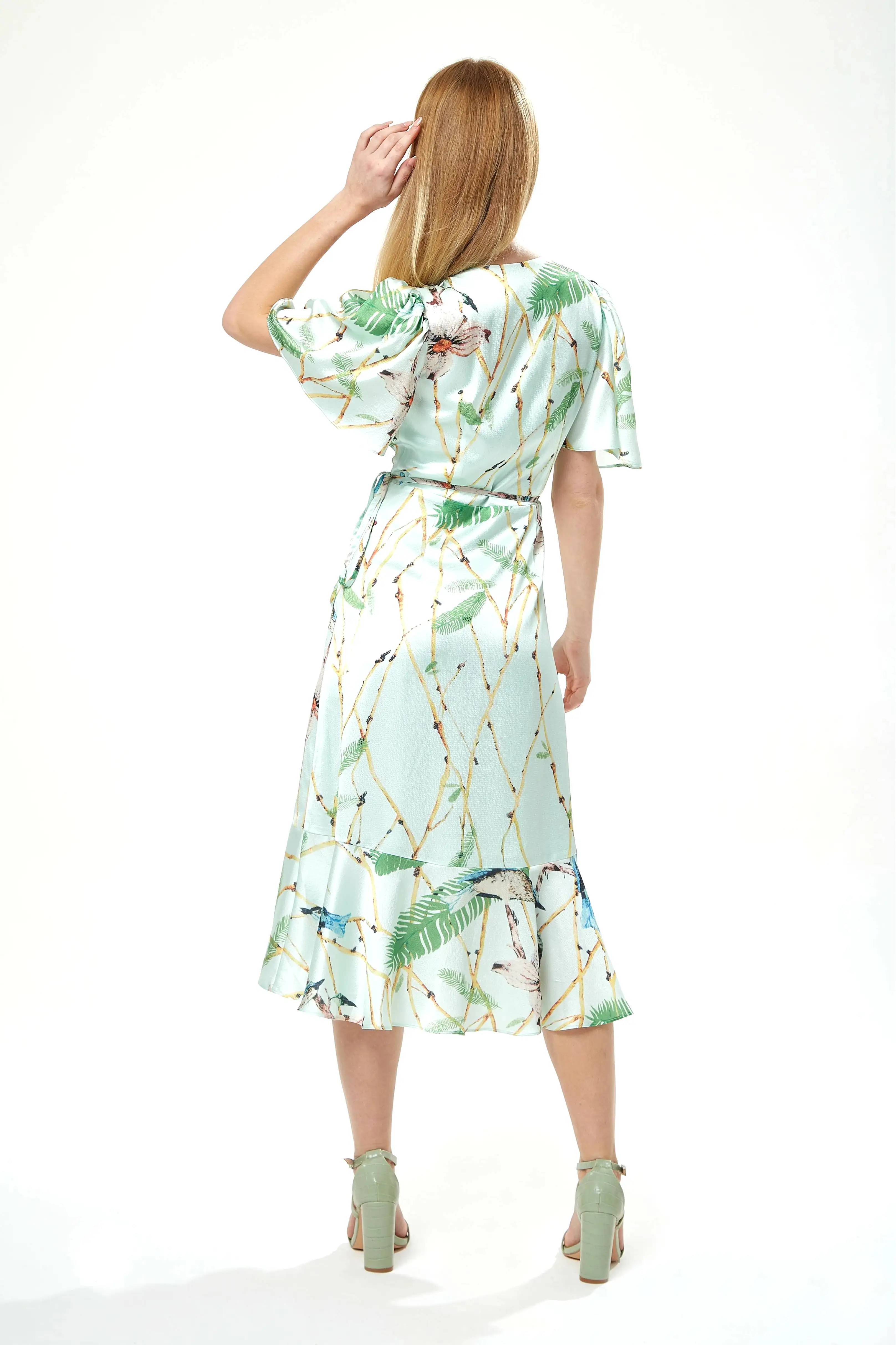 Liquorish Bird Print Midi Wrap Dress In Mint Green