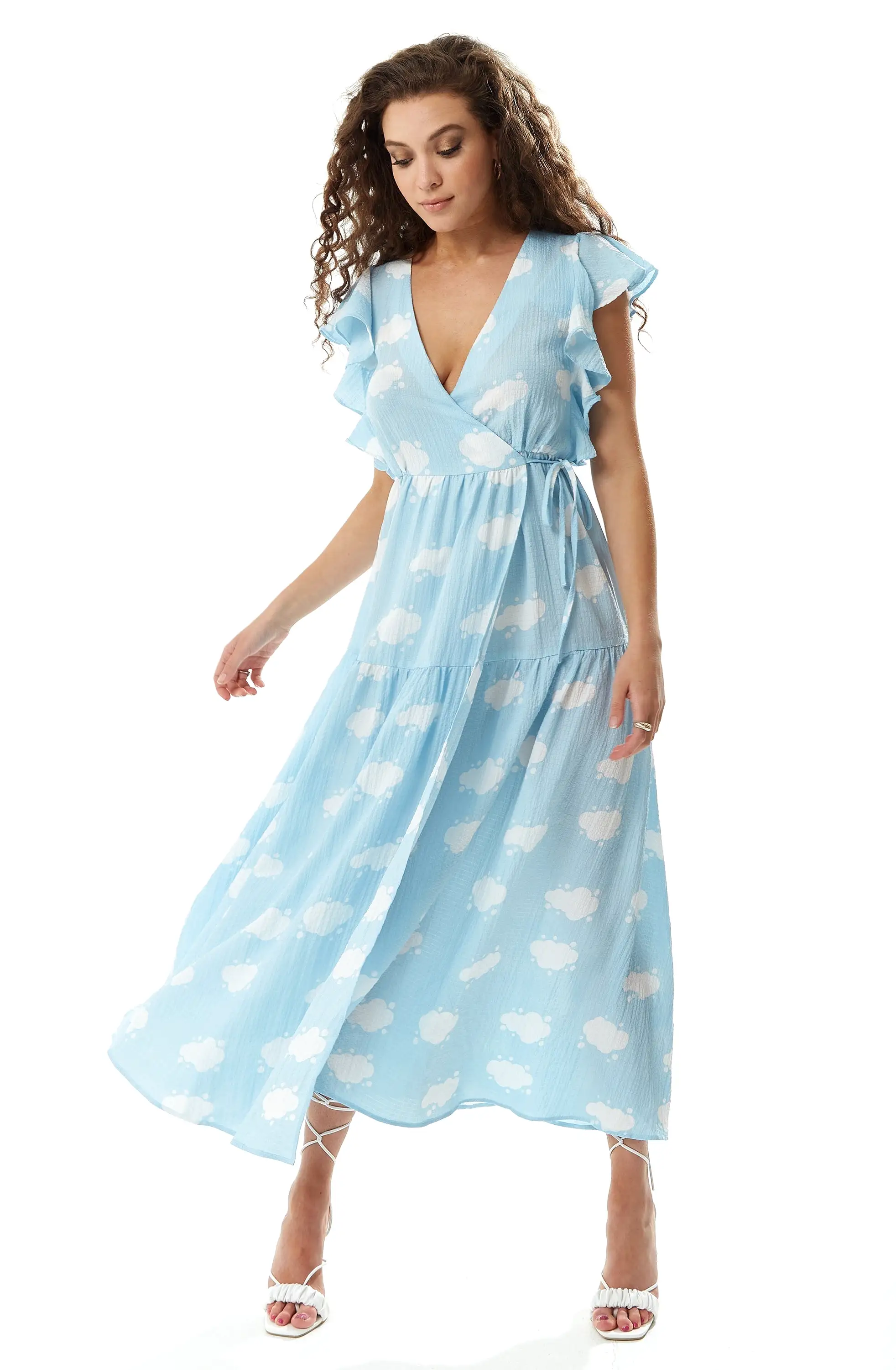 Liquorish Cloud Print Midi Wrap Dress With Frill Sleeve Blue