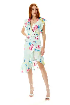 Liquorish Floral Print Midi Wrap Dress In Mint Green