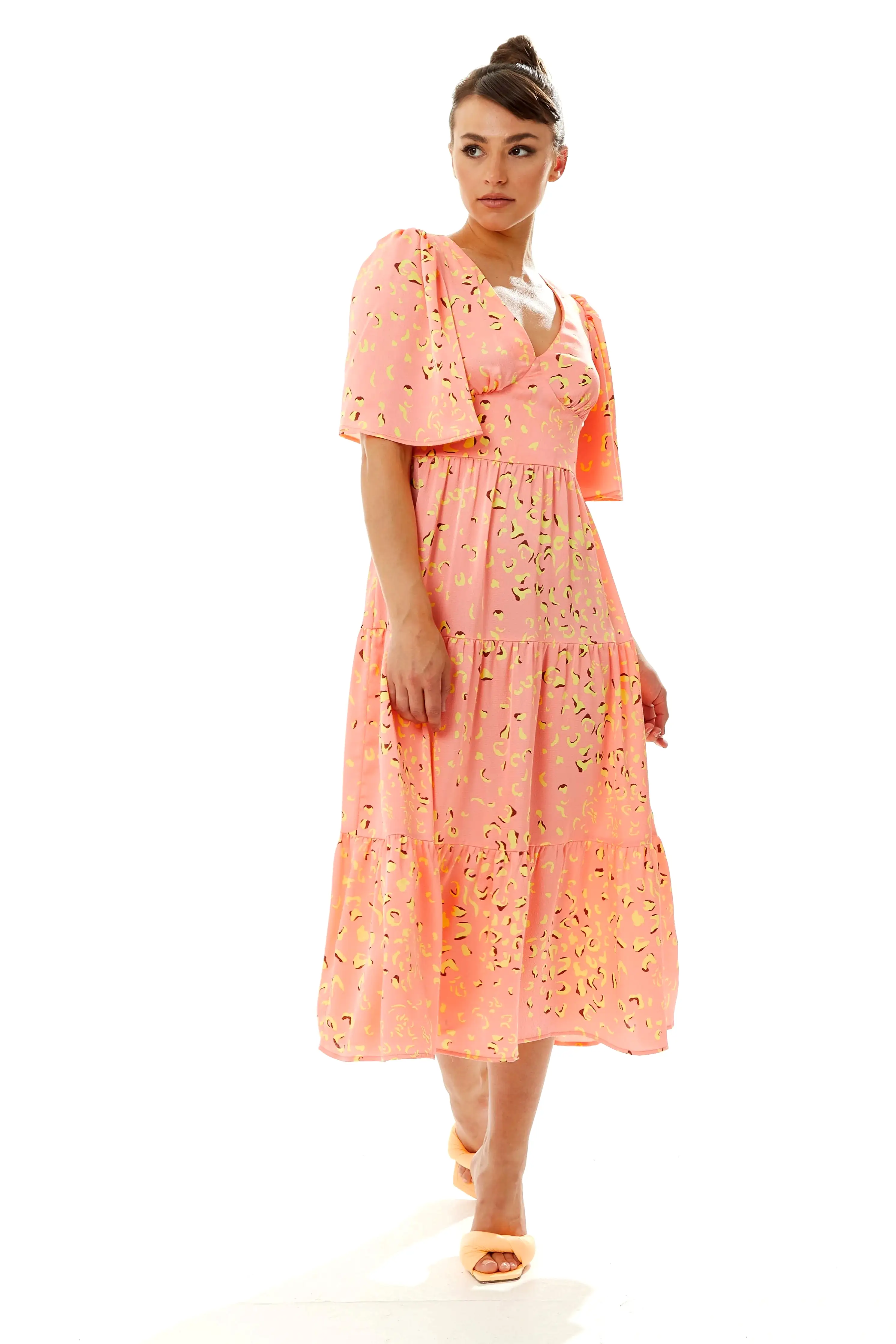 Liquorish Midi Abstract Animal Print  Dress In Peach