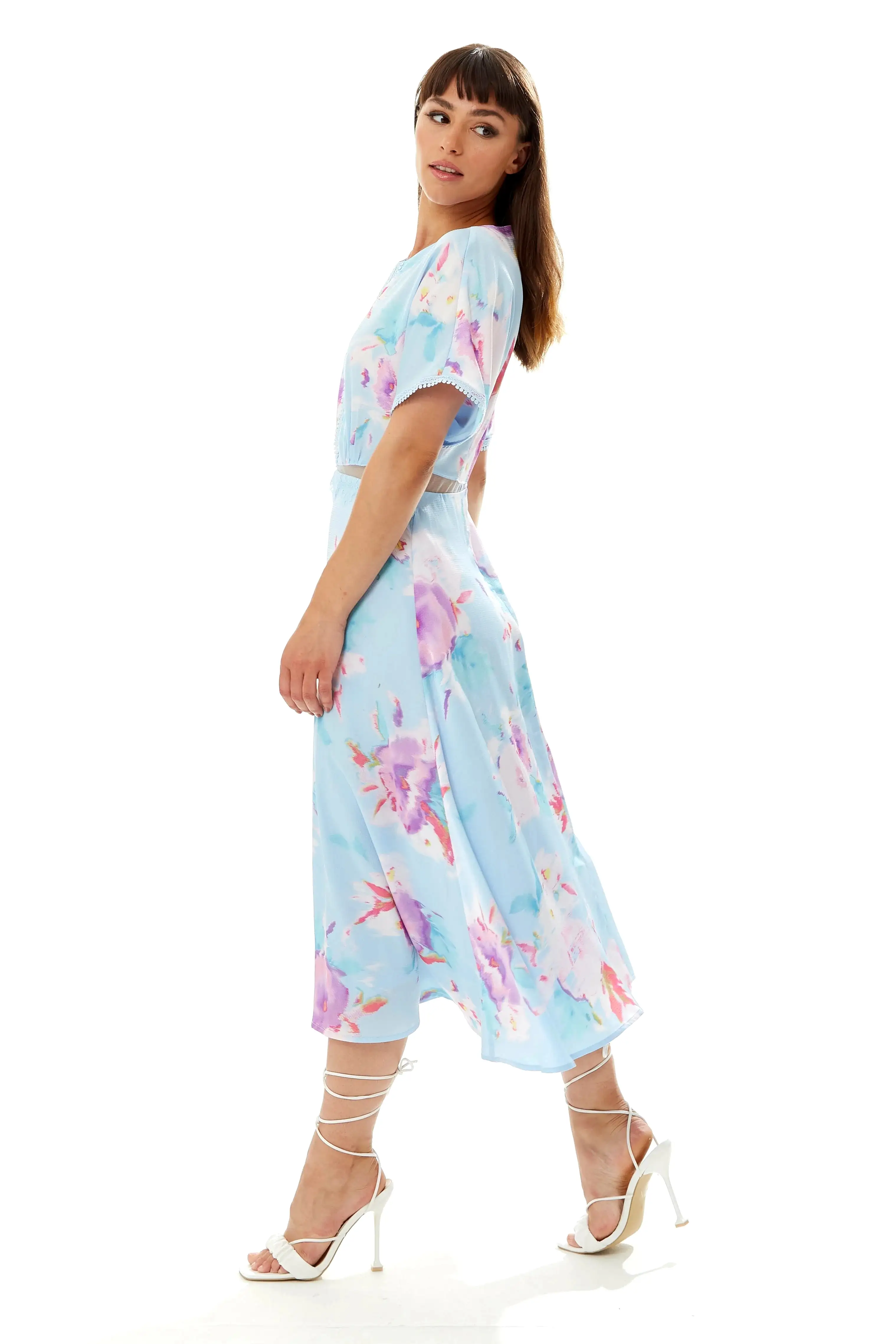 Liquorish Midi Floral Print Dress With Mesh Detail In Blue