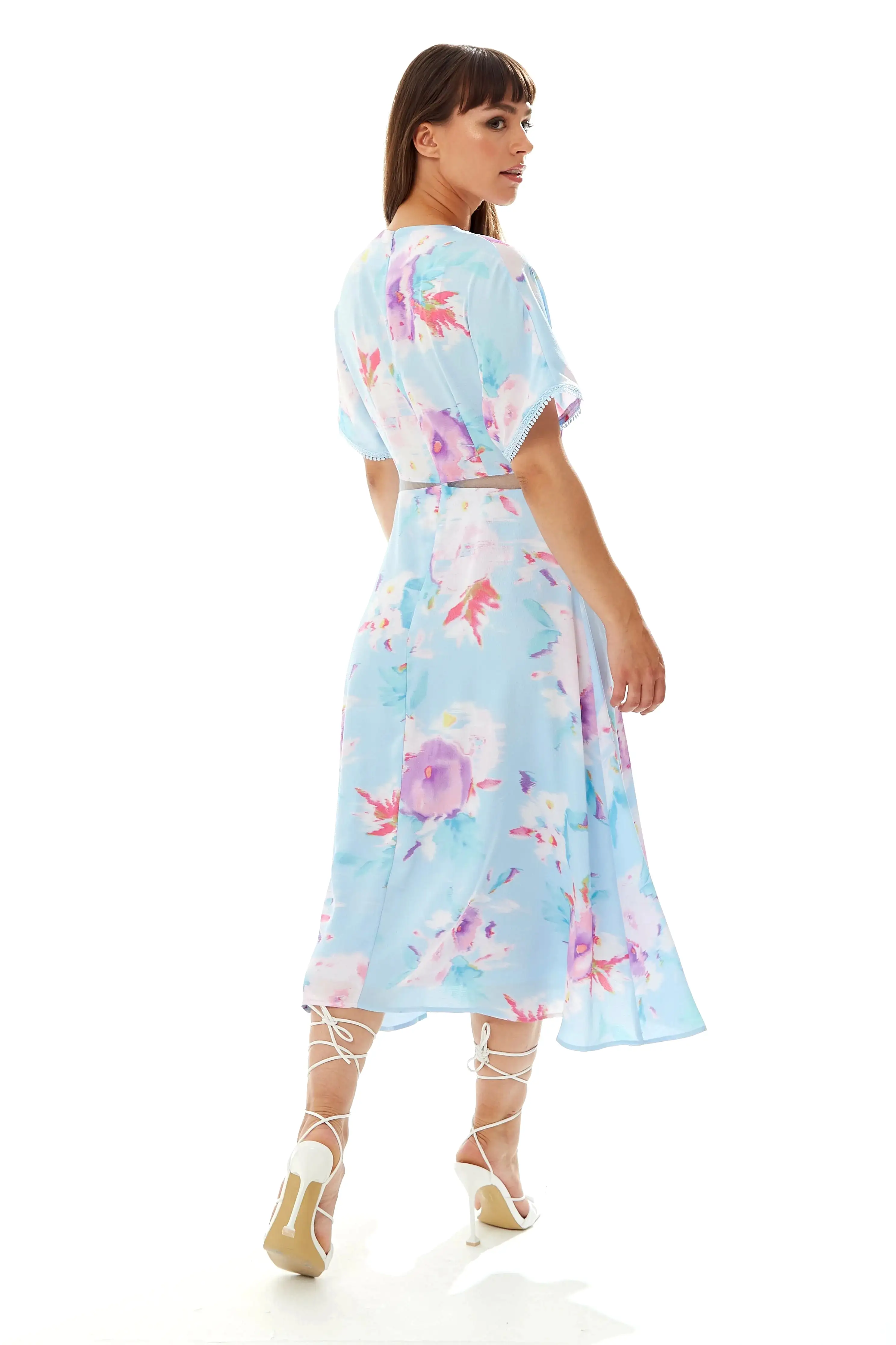 Liquorish Midi Floral Print Dress With Mesh Detail In Blue