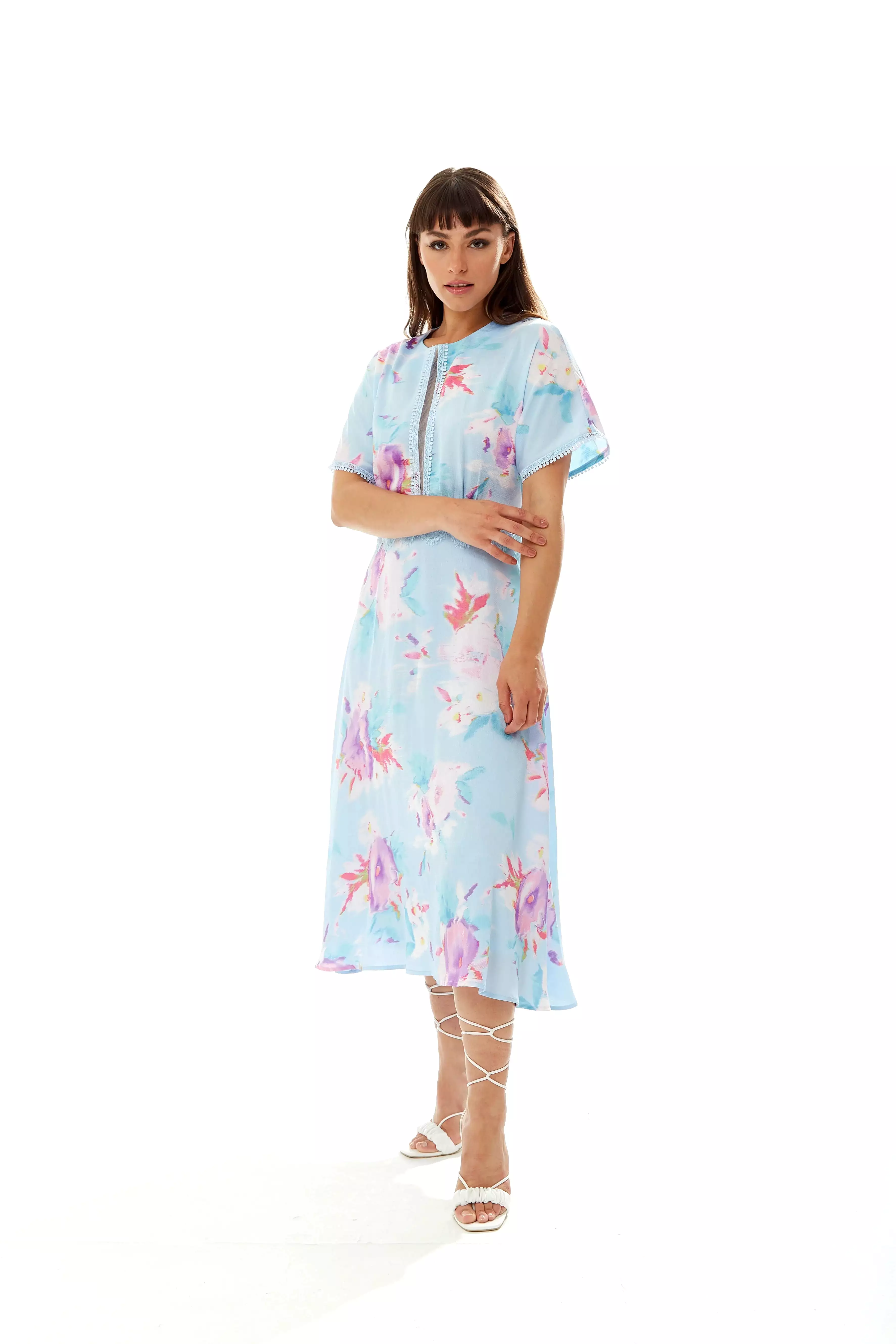 Liquorish Midi Floral Print Dress With Mesh Detail In Blue